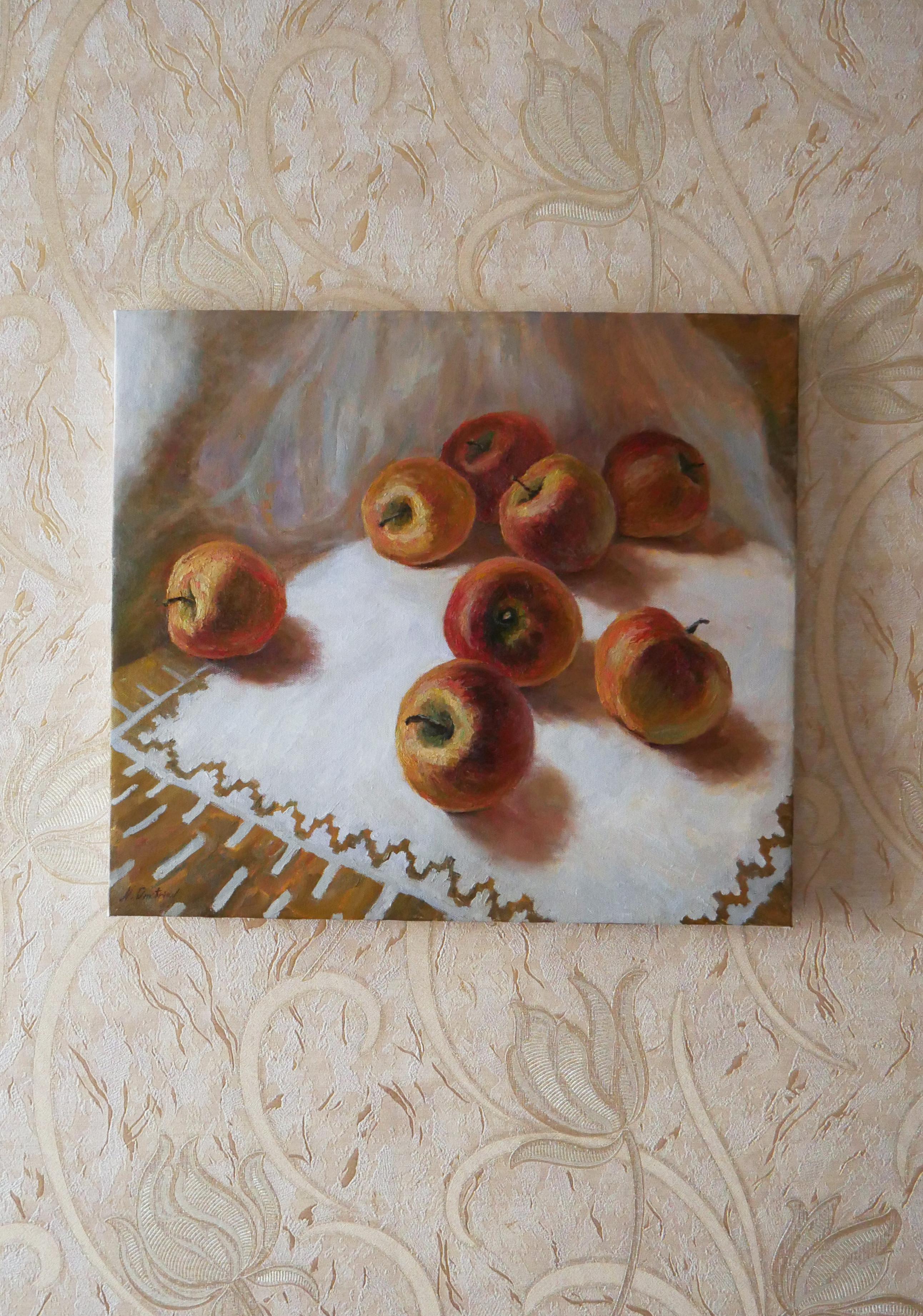 Red Apples On The White Tablecloth - apples oil painting For Sale 1