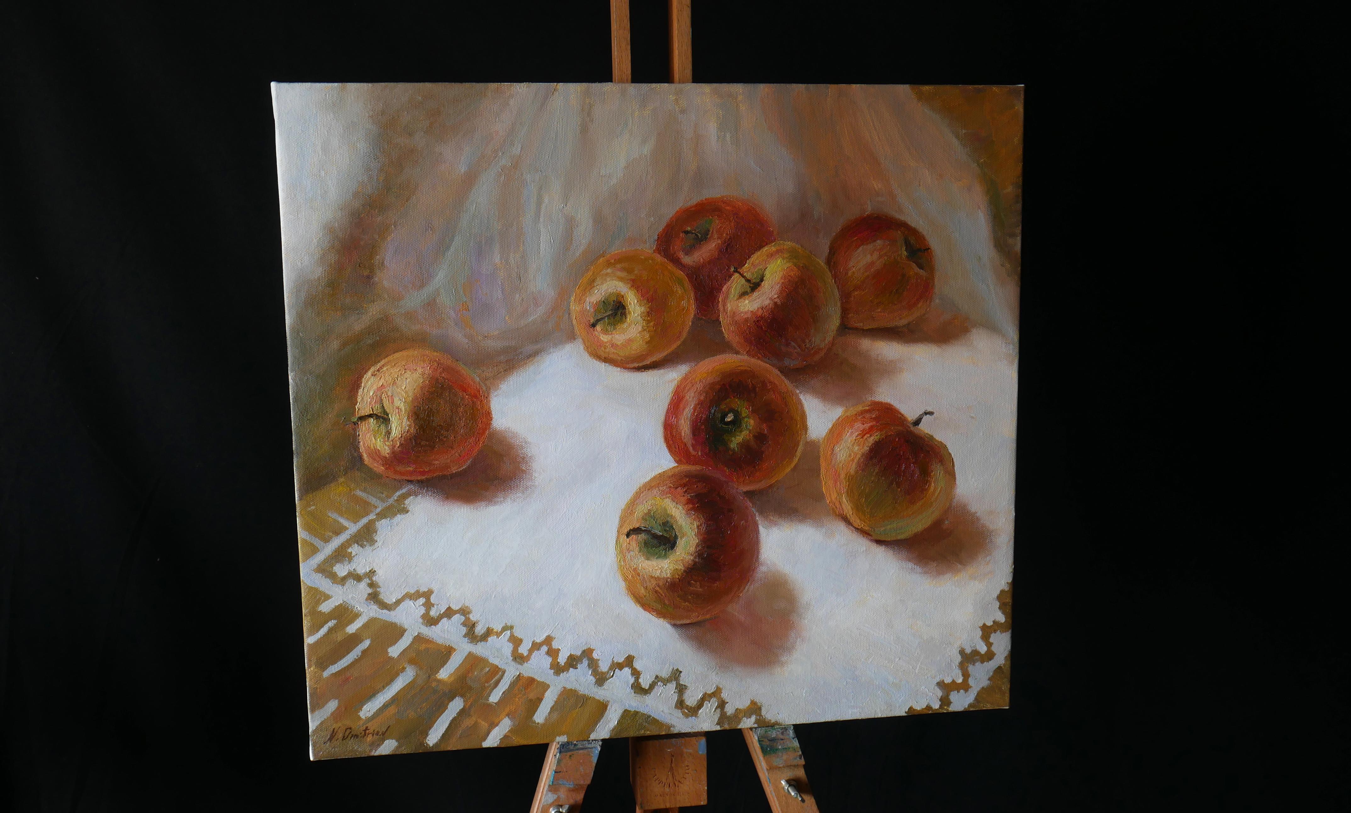 Red Apples On The White Tablecloth - apples oil painting For Sale 2