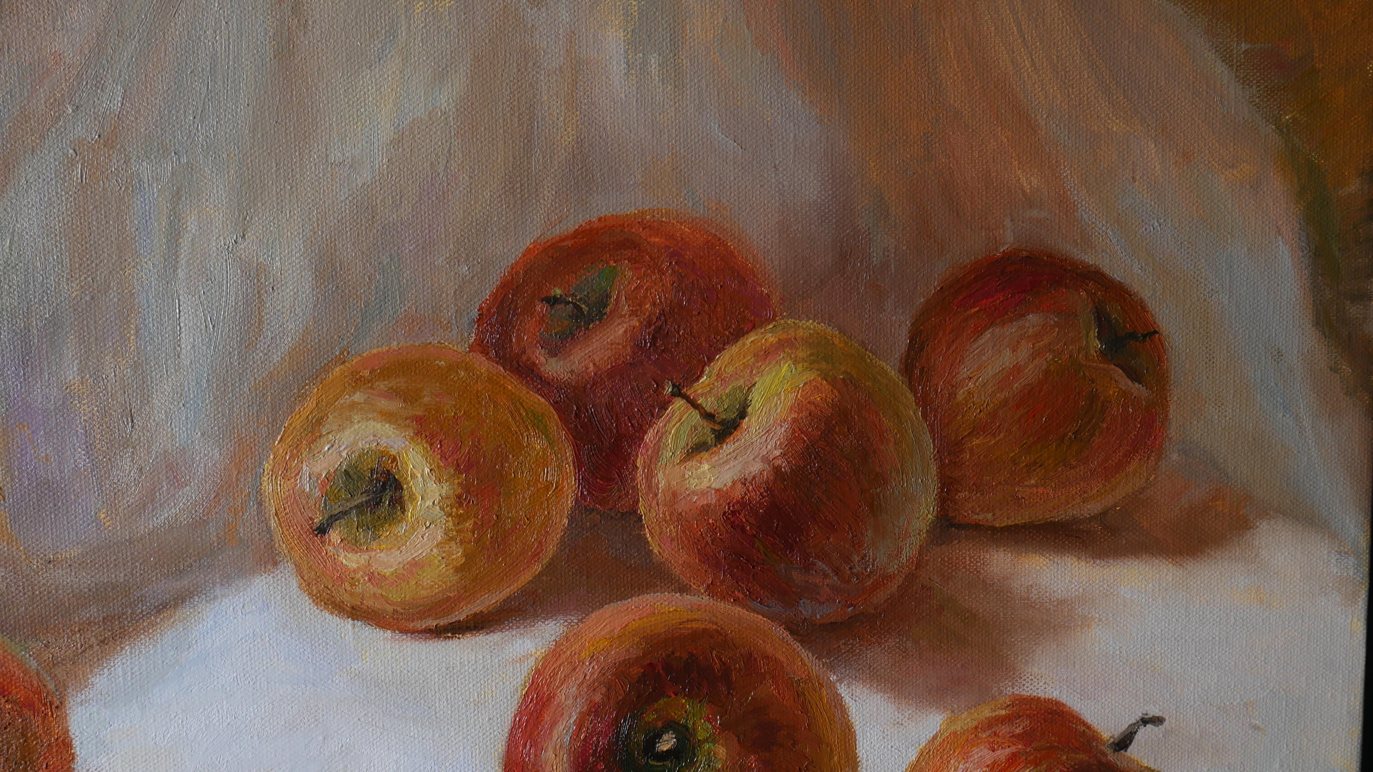 Red Apples On The White Tablecloth - apples oil painting For Sale 3