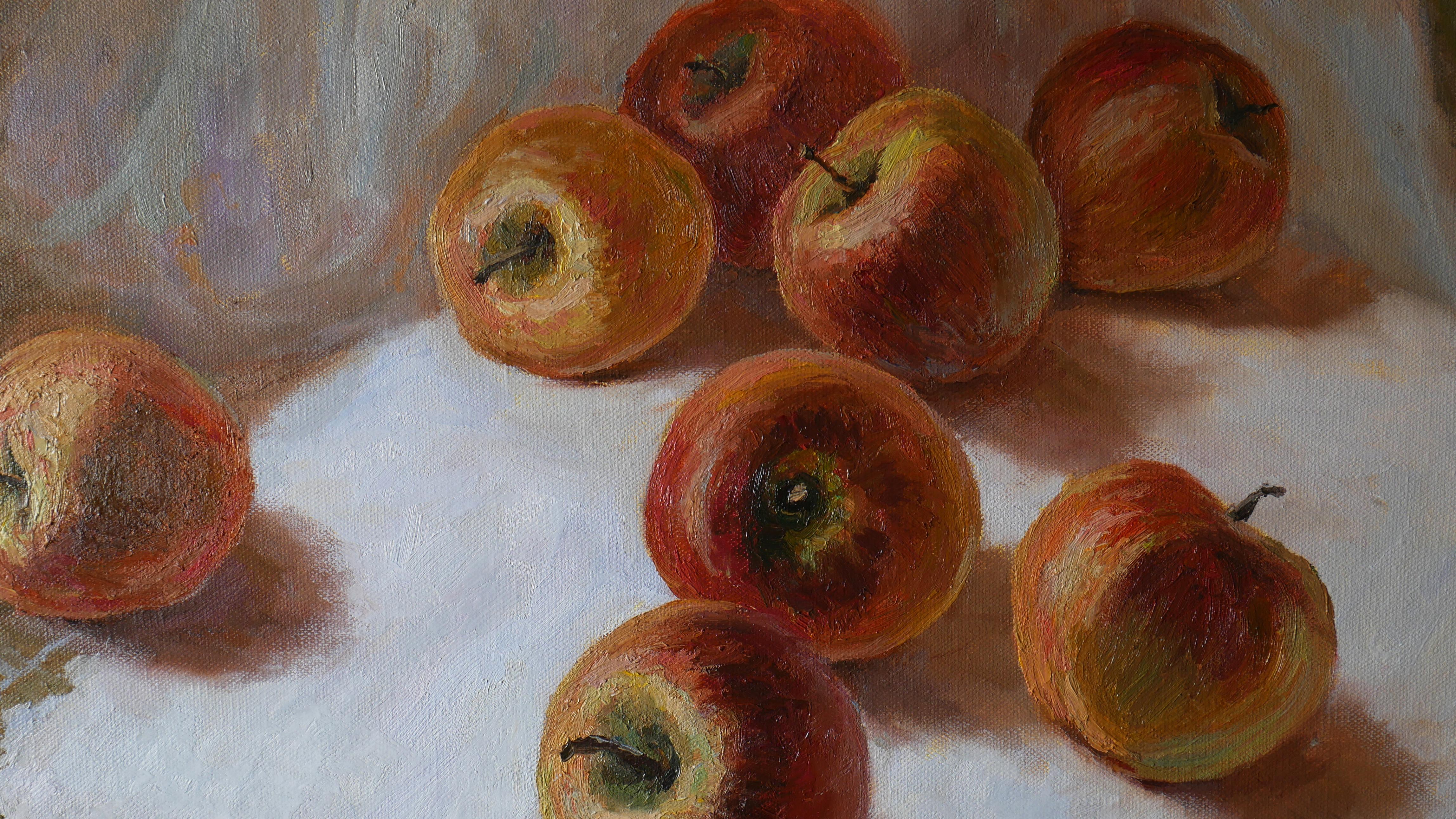 Red Apples On The White Tablecloth - apples oil painting For Sale 4