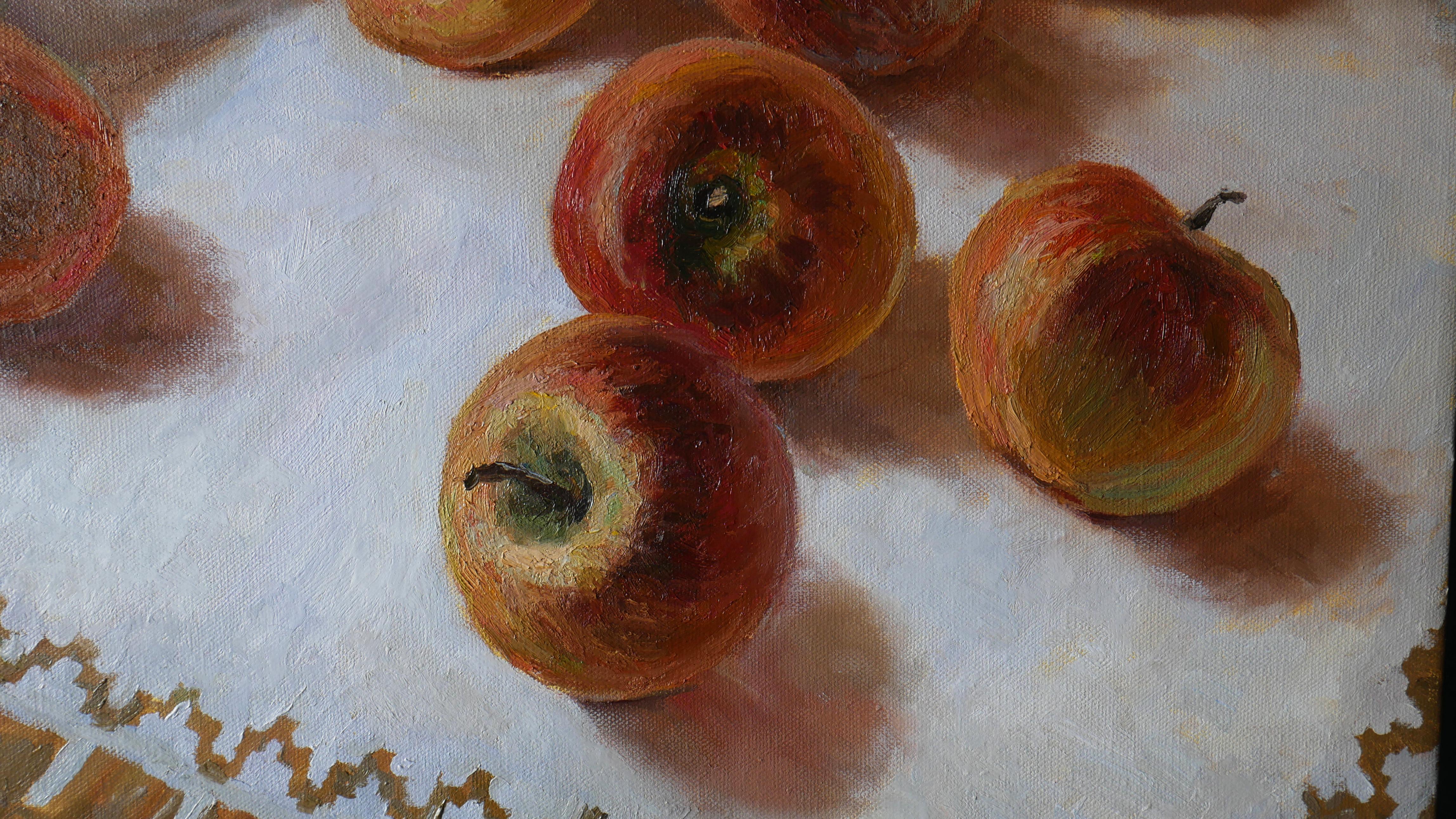 Red Apples On The White Tablecloth - apples oil painting For Sale 5