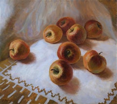 Manzanas rojas sobre el mantel blanco - manzanas pintura al óleo