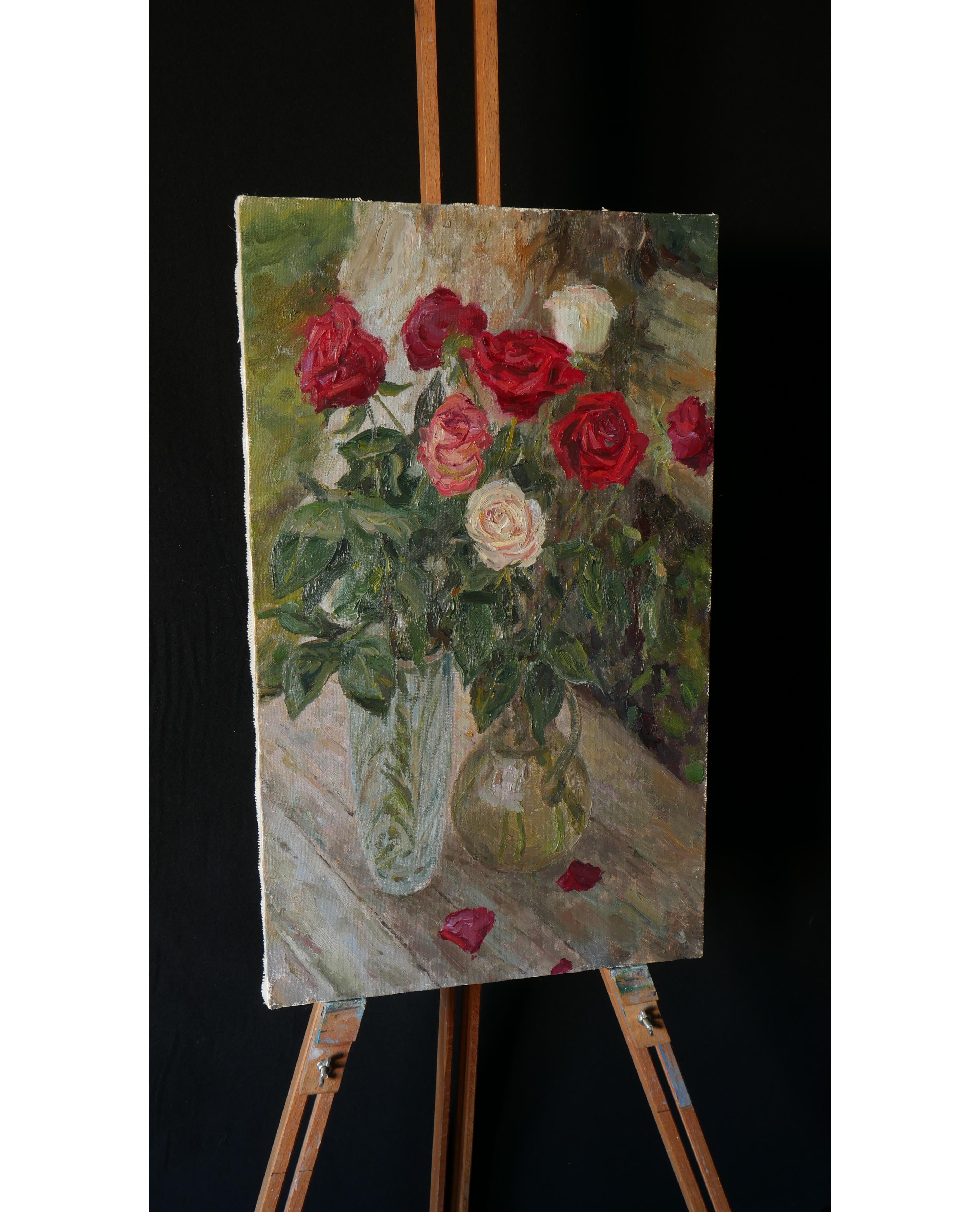 Roses In Vases - still life painting - Painting by Nikolay Dmitriev