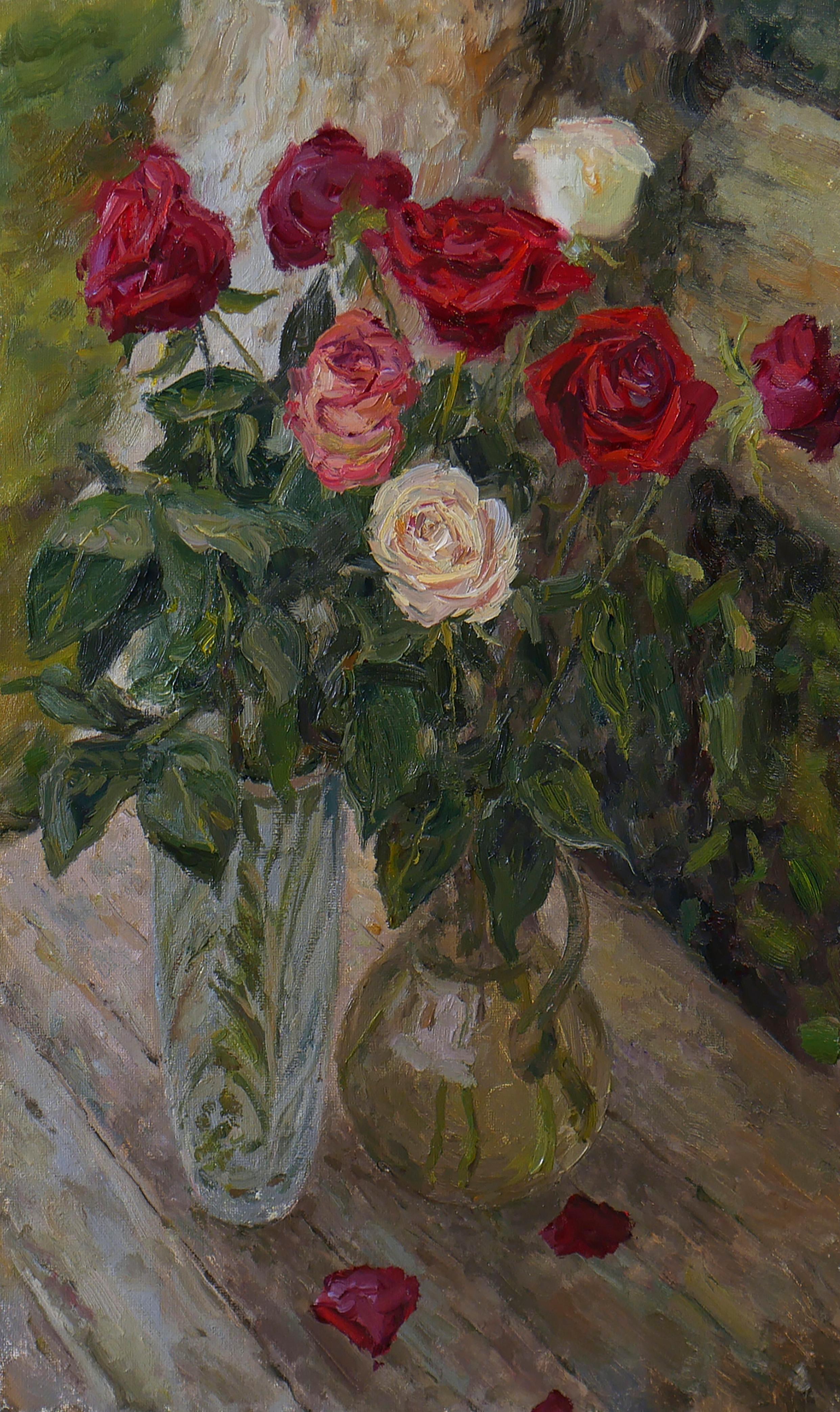 Nikolay Dmitriev Interior Painting - Roses In Vases - still life painting