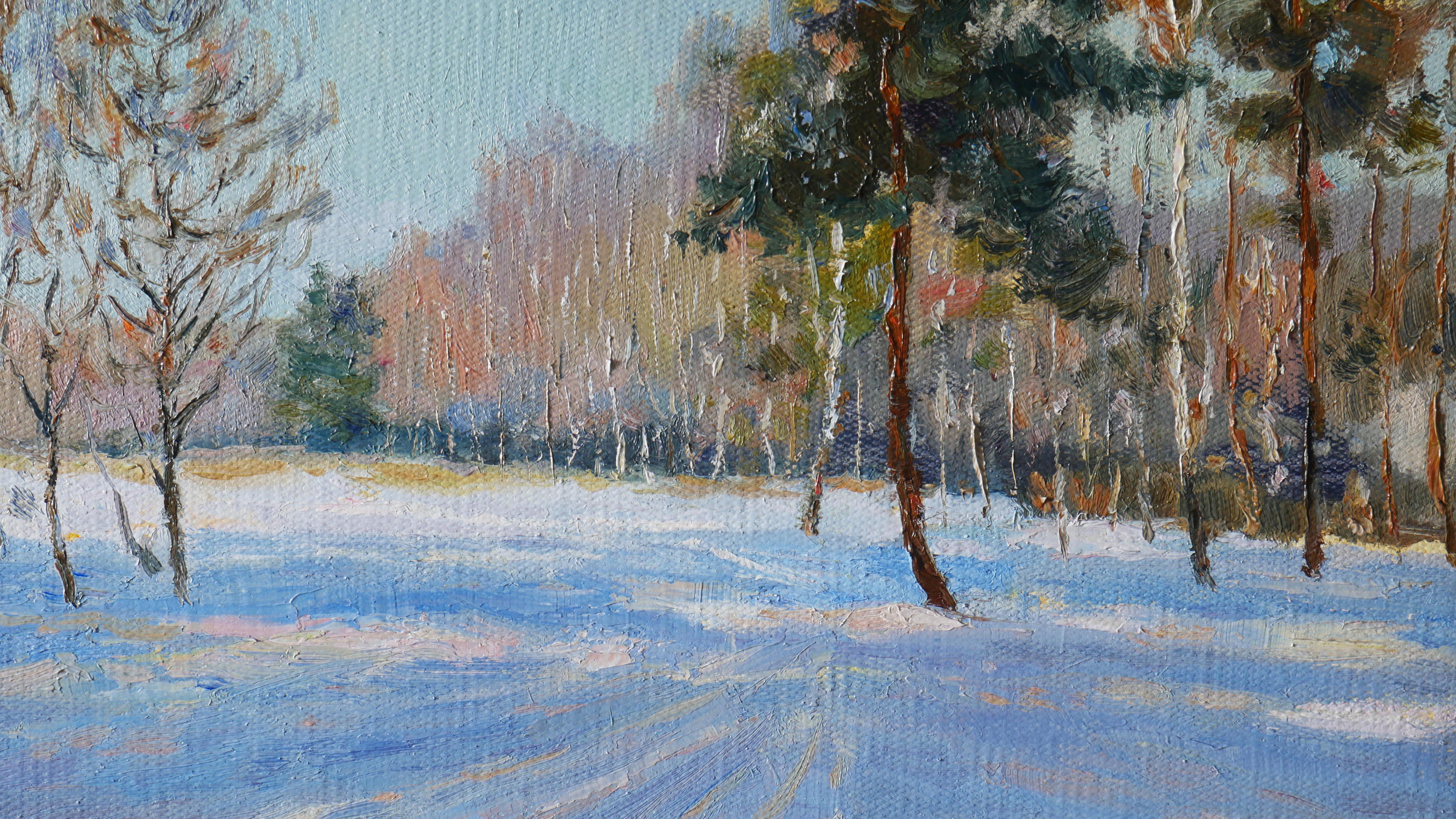 The painting depicts a bright winter day, with a snow-covered forest and an open field bathed in golden sunlight. The trees glisten with frost, and the pristine snow sparkles under the clear blue sky, creating a peaceful and magical winter