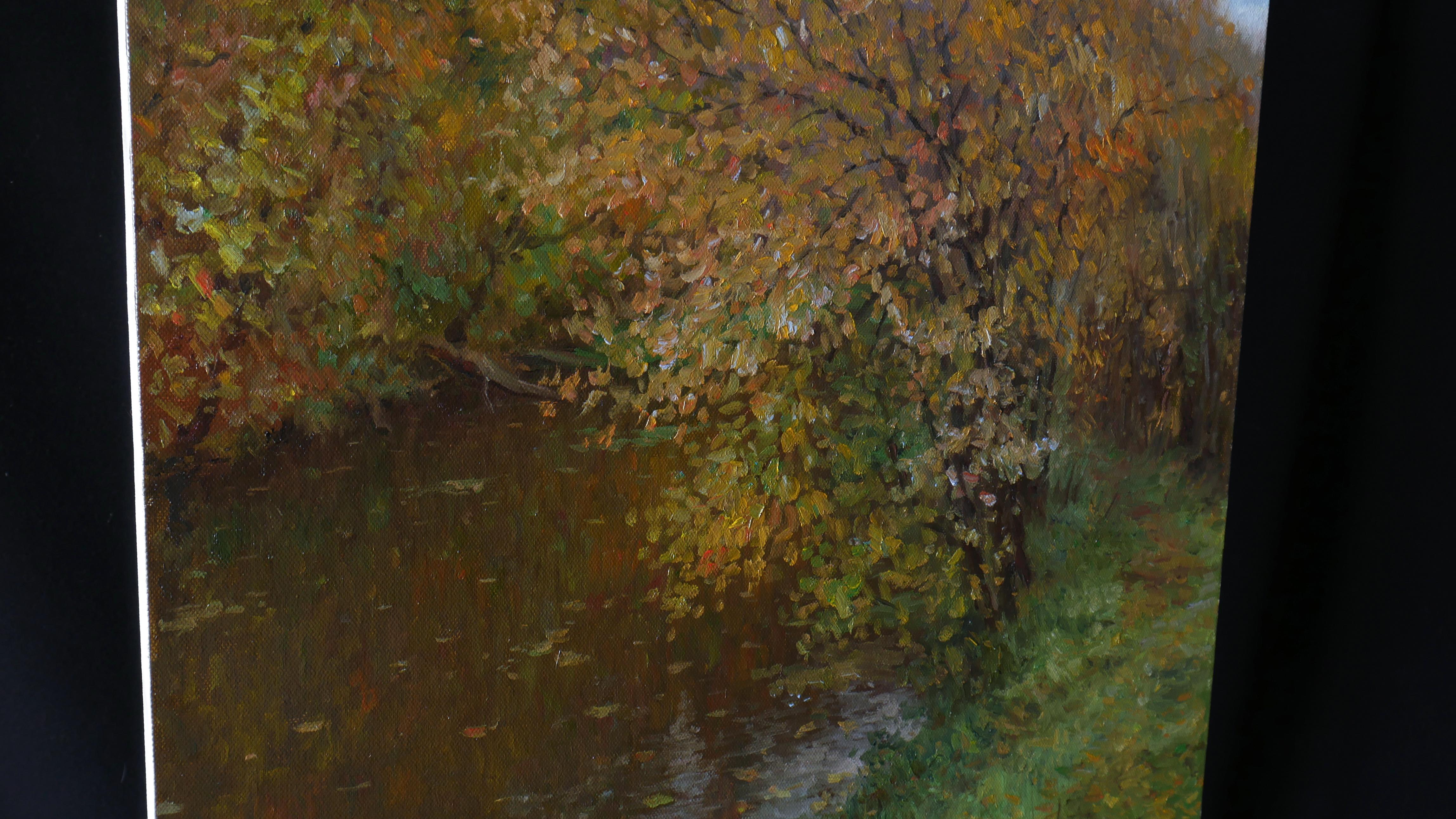 Golden autumn is one of favorite seasons of Nikolay. The artist is always inspired by autumn water. Floating on the top of the river leaves gives the feeling of peace and calm.

The picture is author's and original. It's signed on the front and