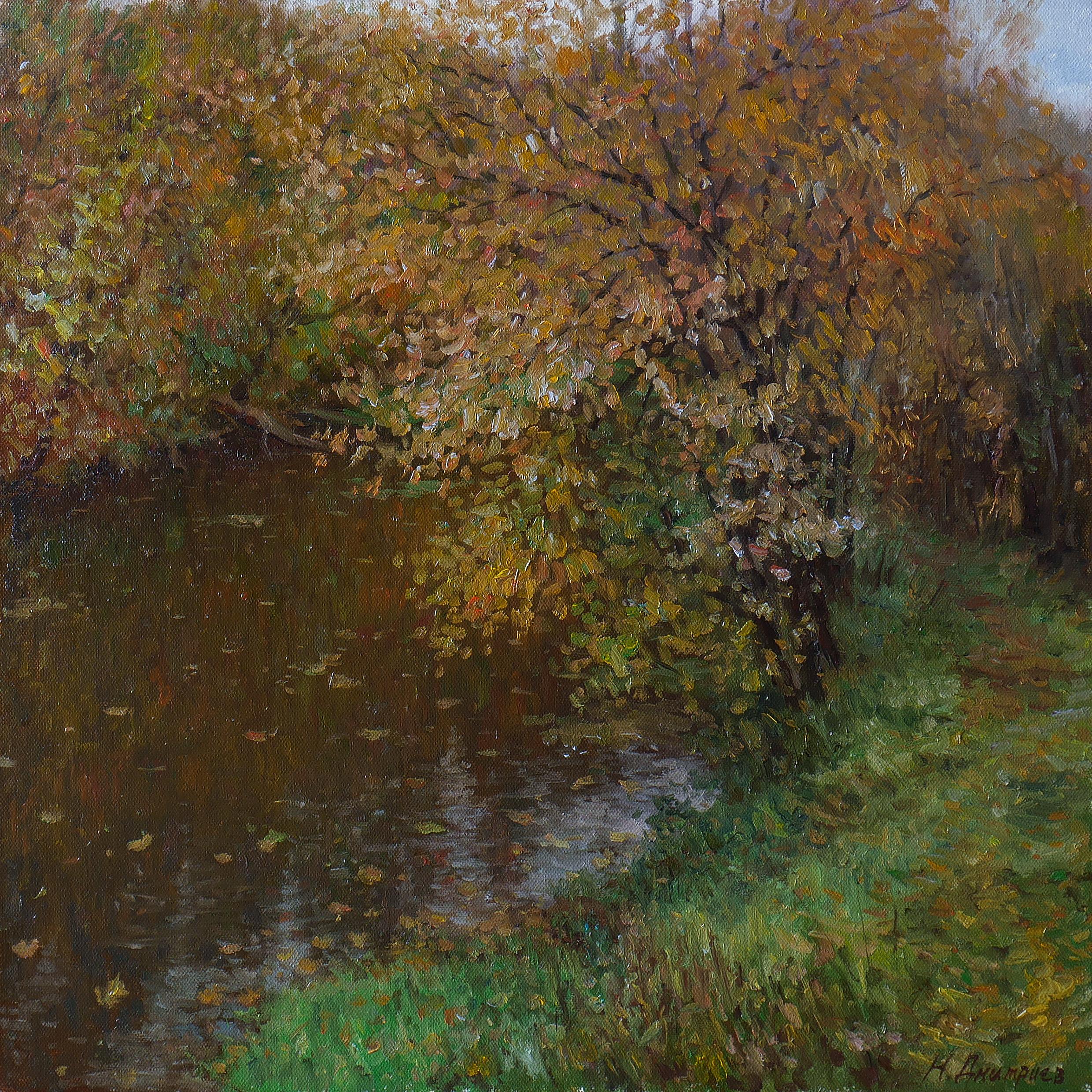 Nikolay Dmitriev Landscape Painting – Silence Of Autumn - Fluss-Herbst-Landschaftsgemälde
