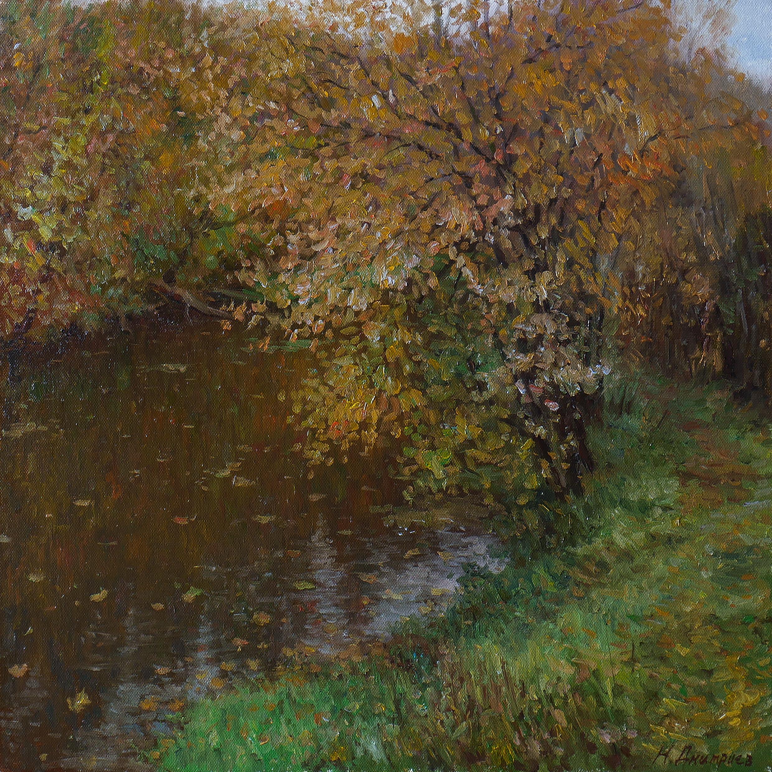 Landscape Painting de Nikolay Dmitriev - Silencio de otoño - pintura de paisaje otoñal fluvial