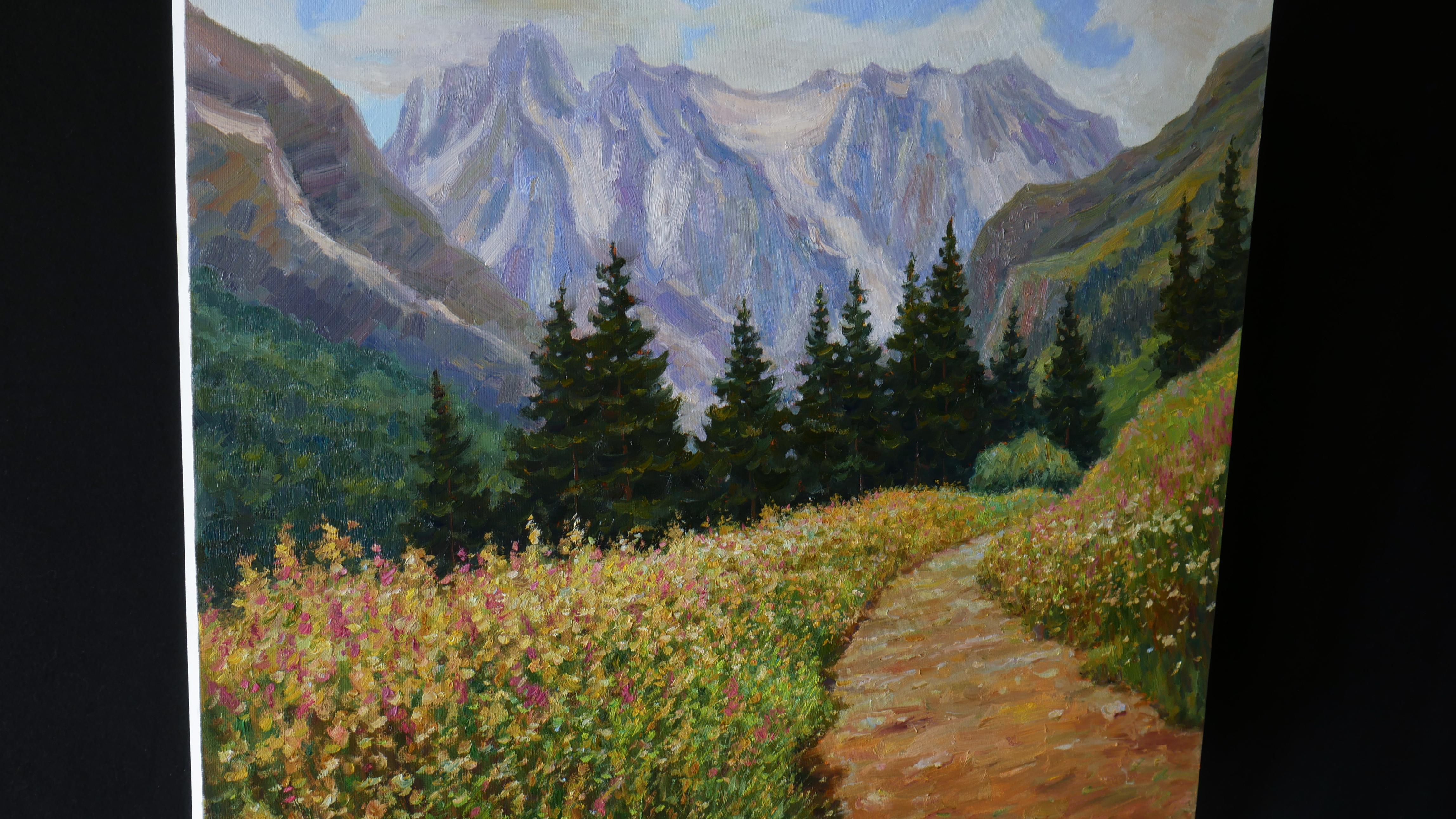 A sunny impressionistic landscape with mountains and beautiful wildflowers is a wonderful wall decor, the painting is created in pleasant colours, it's full of only positive energy. The painting was created after a trip to the Caucasus. During the
