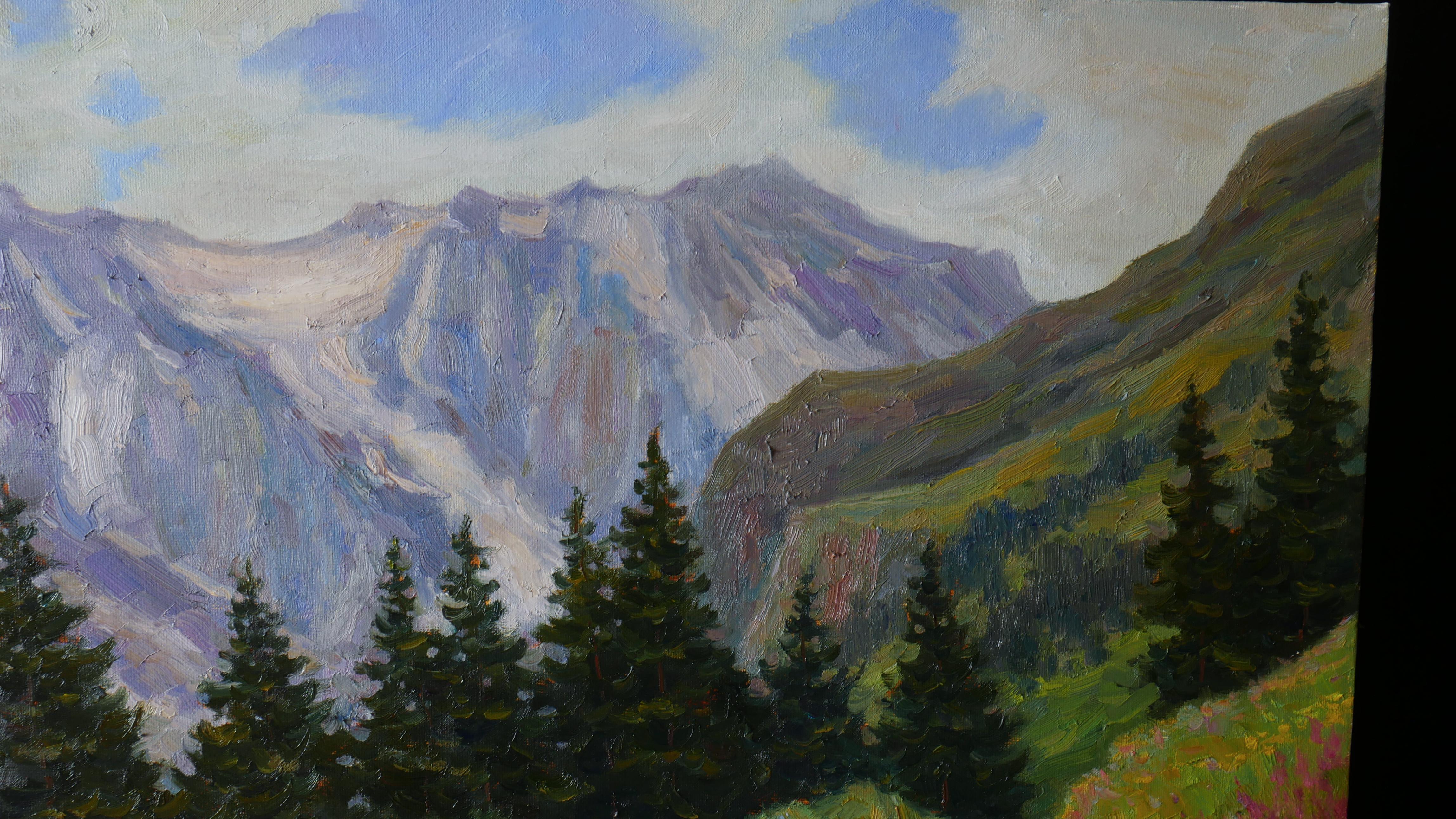 Verano en las montañas - pintura de paisaje de montaña en venta 1