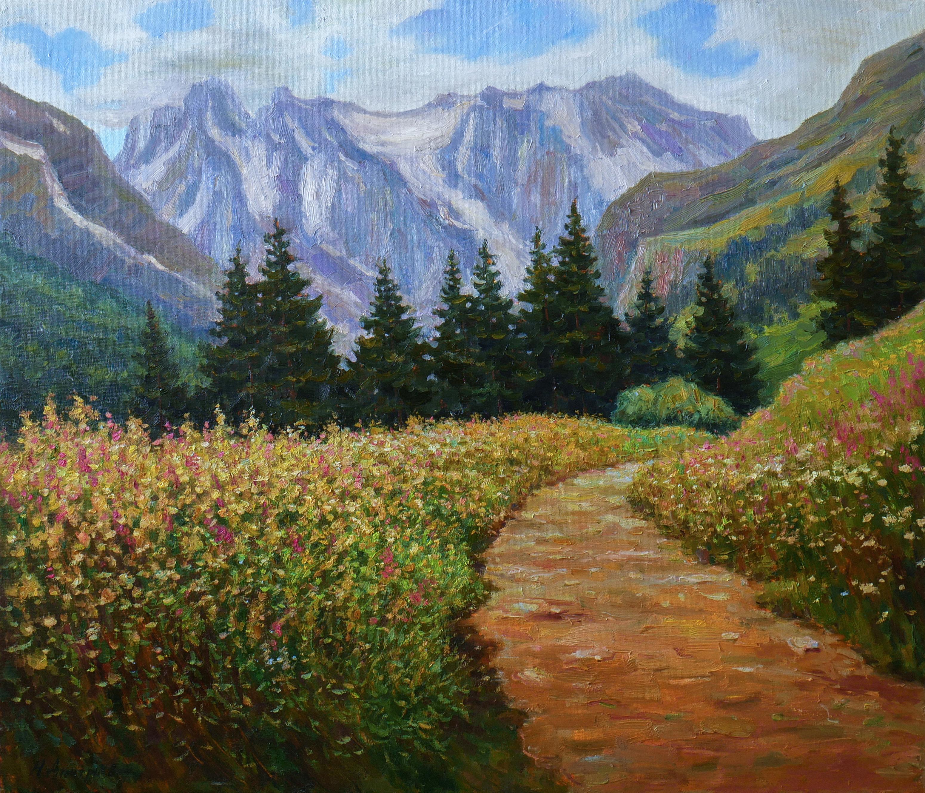 Nikolay Dmitriev Landscape Painting - Summer In The Mountains - mountain landscape painting