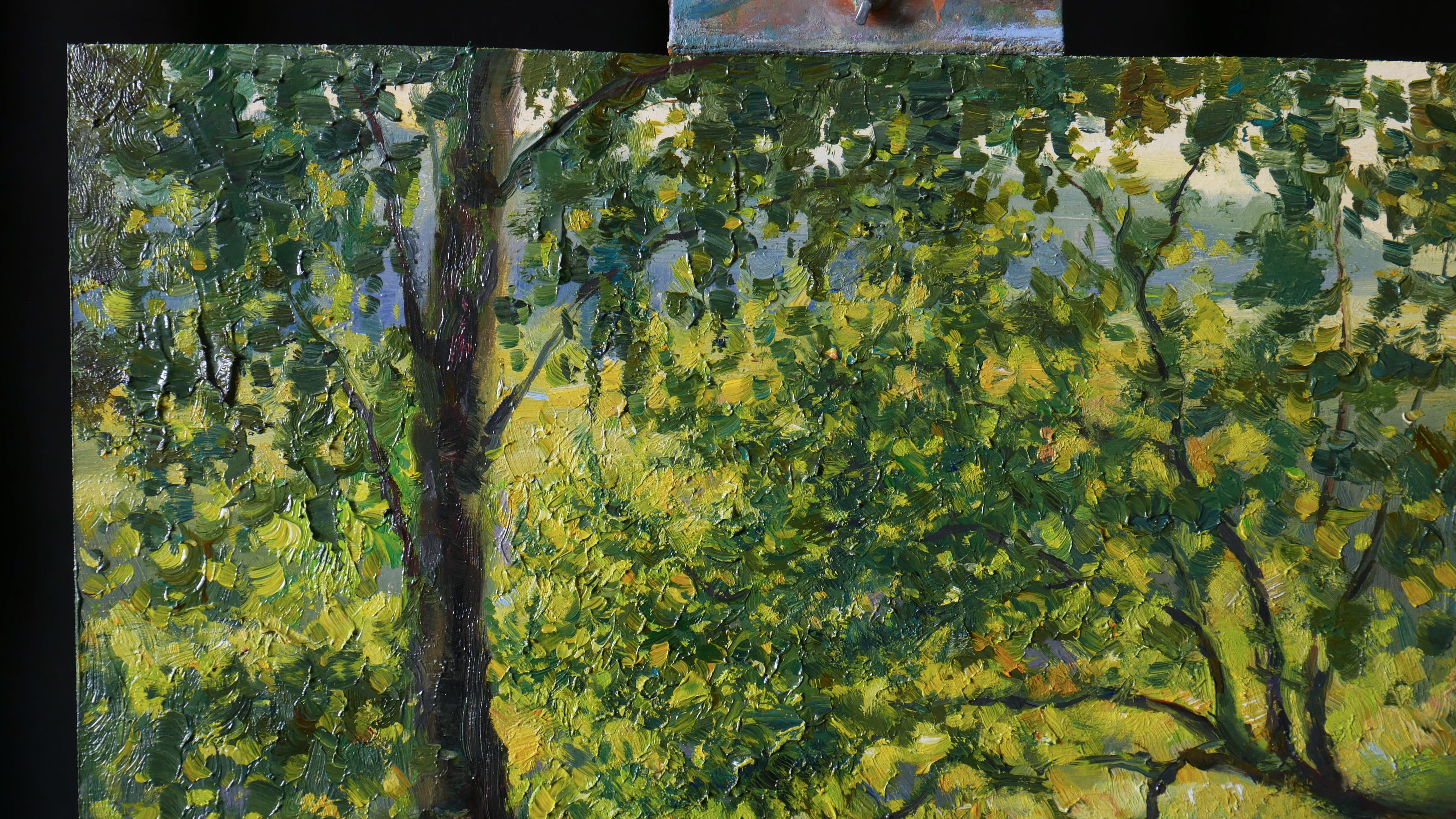 Eine sonnige impressionistische Landschaft ist ein großartiger Wandschmuck, das Kunstwerk ist in warmen Farben en plein air im sommerlichen Birkenwald entstanden.

Das Bild ist von der Autorin und original. Es ist auf der Vorderseite signiert und
