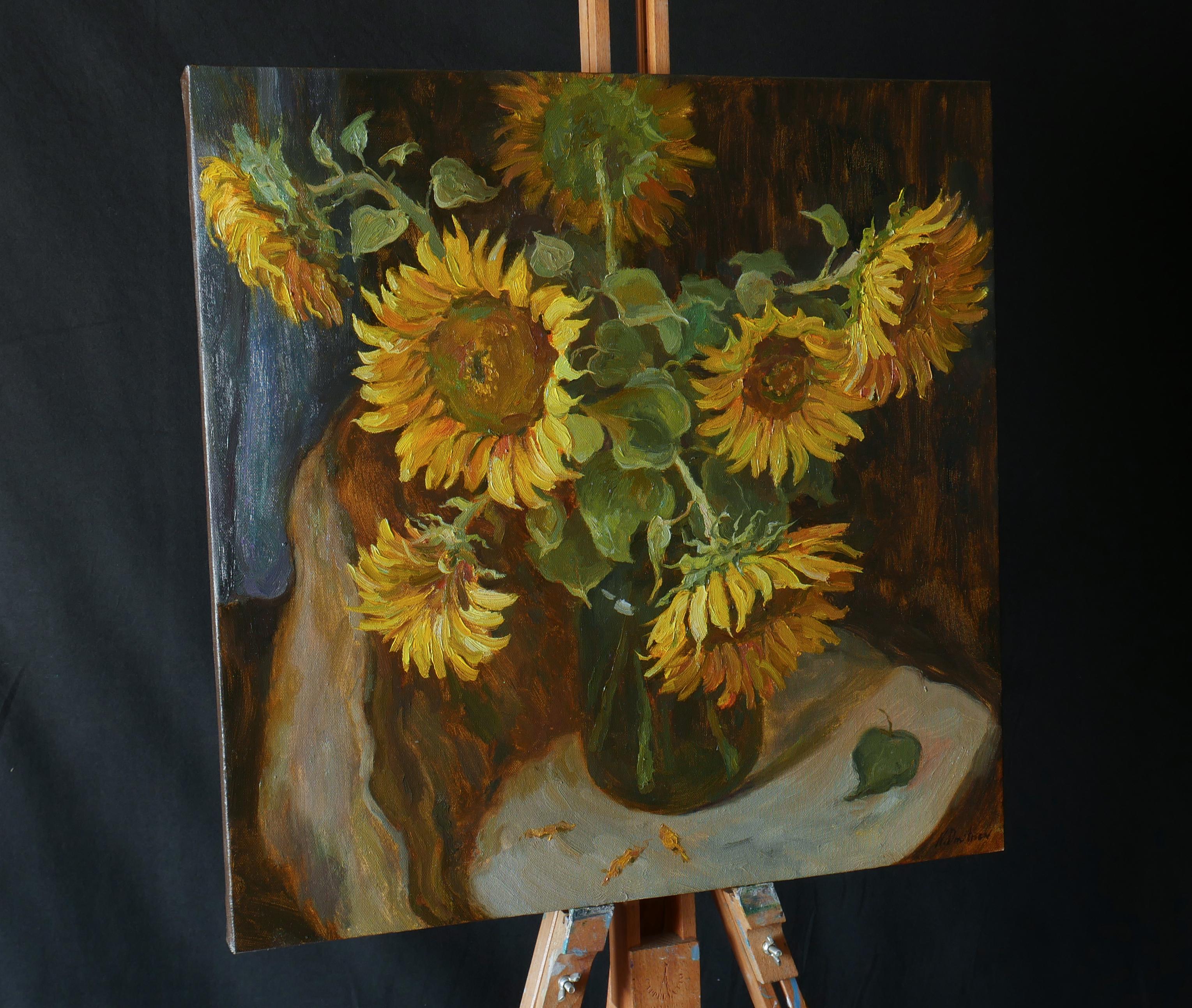 Sunflowers Near The Blue Curtain - sunflowers still life painting - Painting by Nikolay Dmitriev