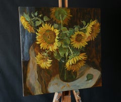 Sunflowers Near The Blue Curtain - sunflowers still life painting