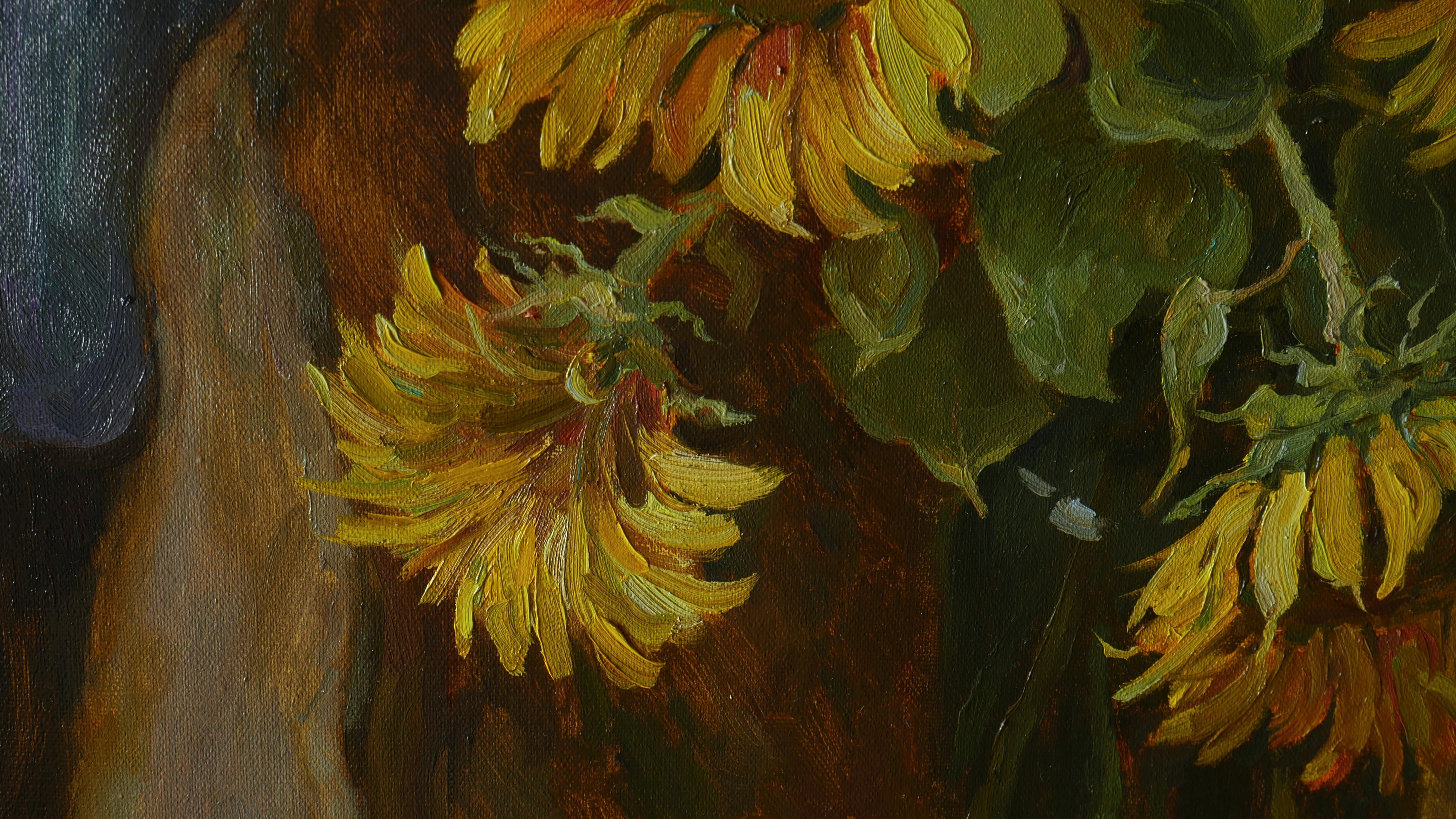 Sunflowers Near The Blue Curtain - sunflowers still life painting - Impressionist Painting by Nikolay Dmitriev
