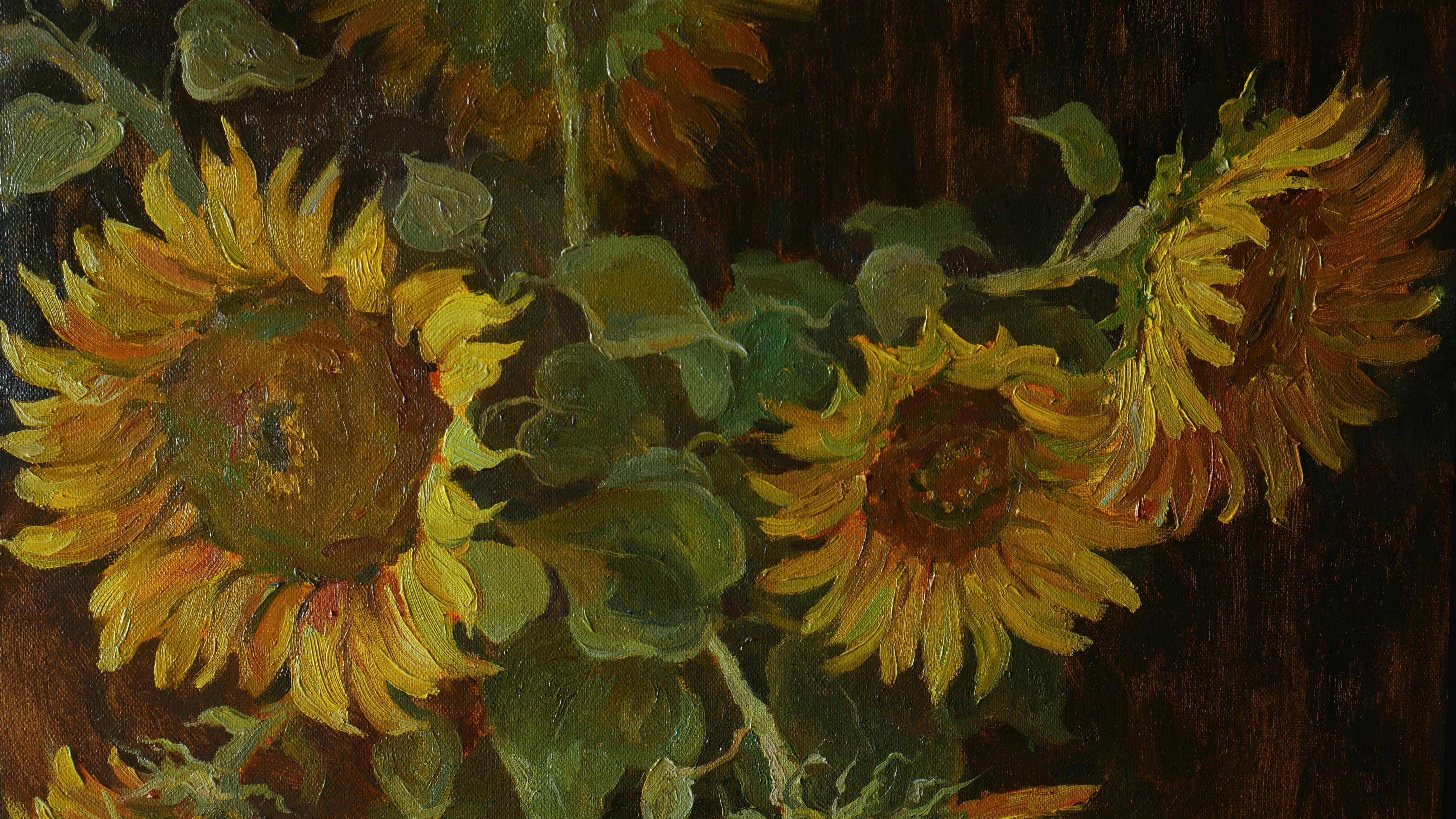 Sunflowers Near The Blue Curtain - sunflowers still life painting For Sale 1