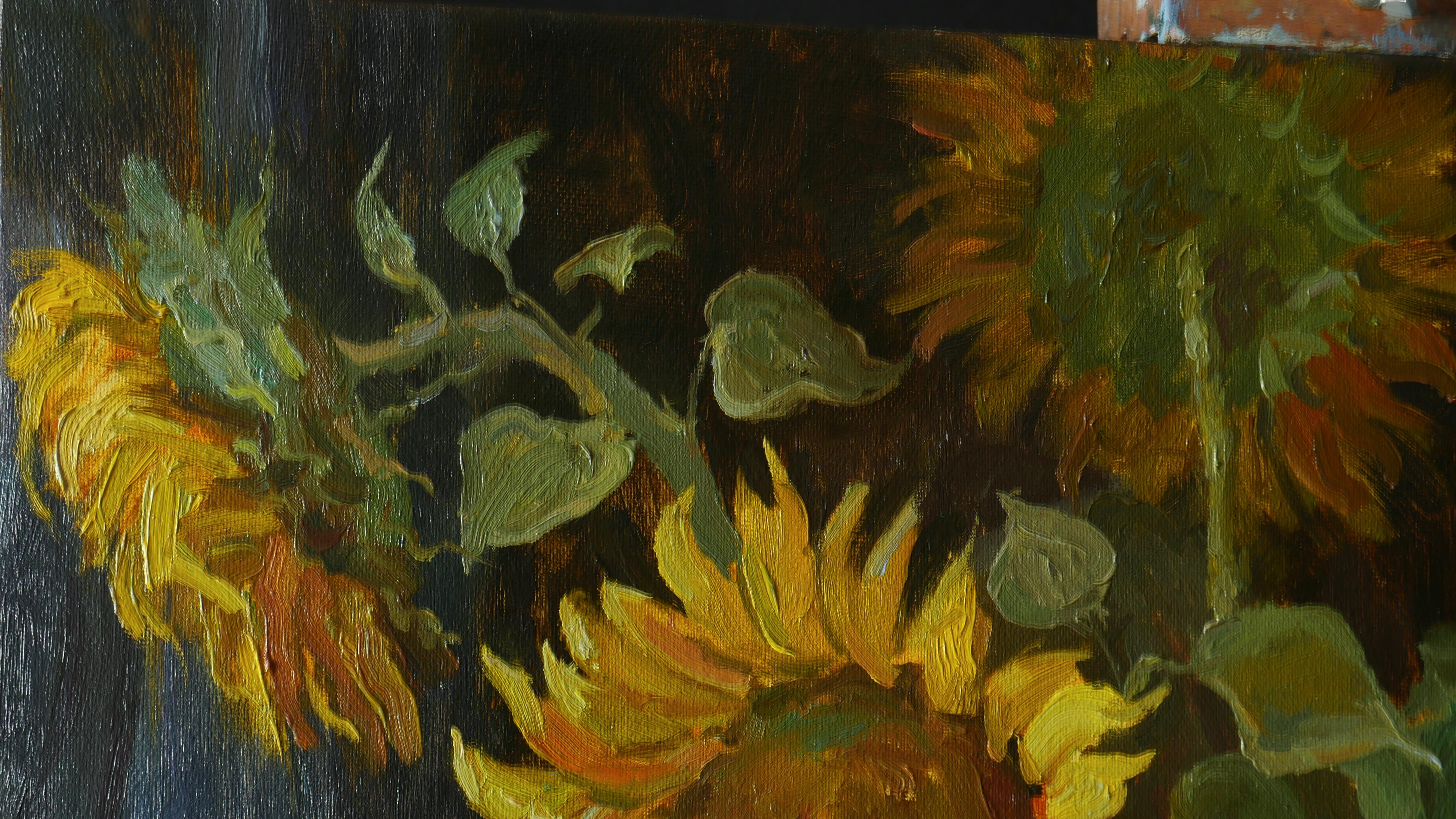 Sunflowers Near The Blue Curtain - sunflowers still life painting For Sale 2