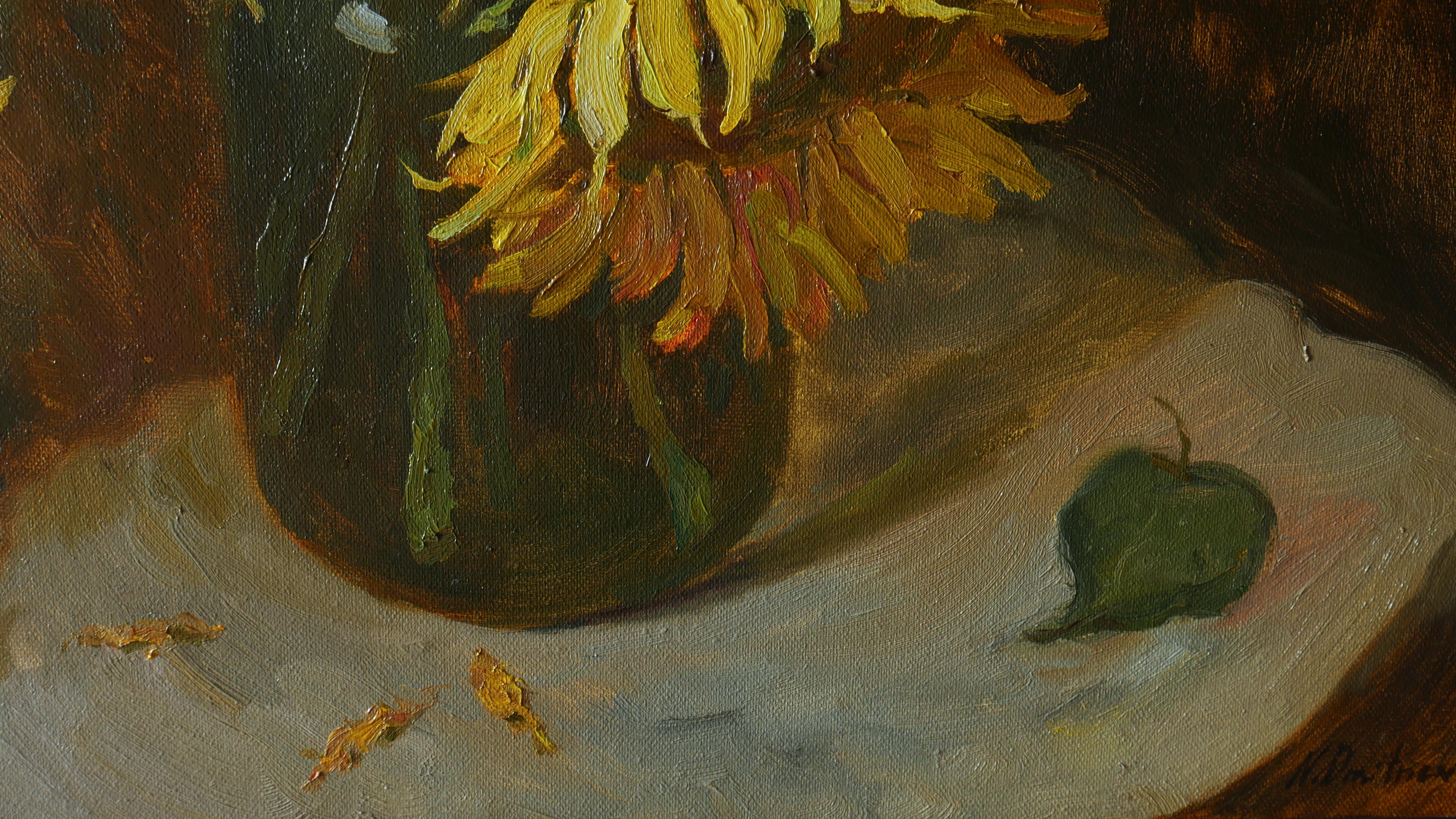 Sunflowers Near The Blue Curtain - sunflowers still life painting For Sale 4