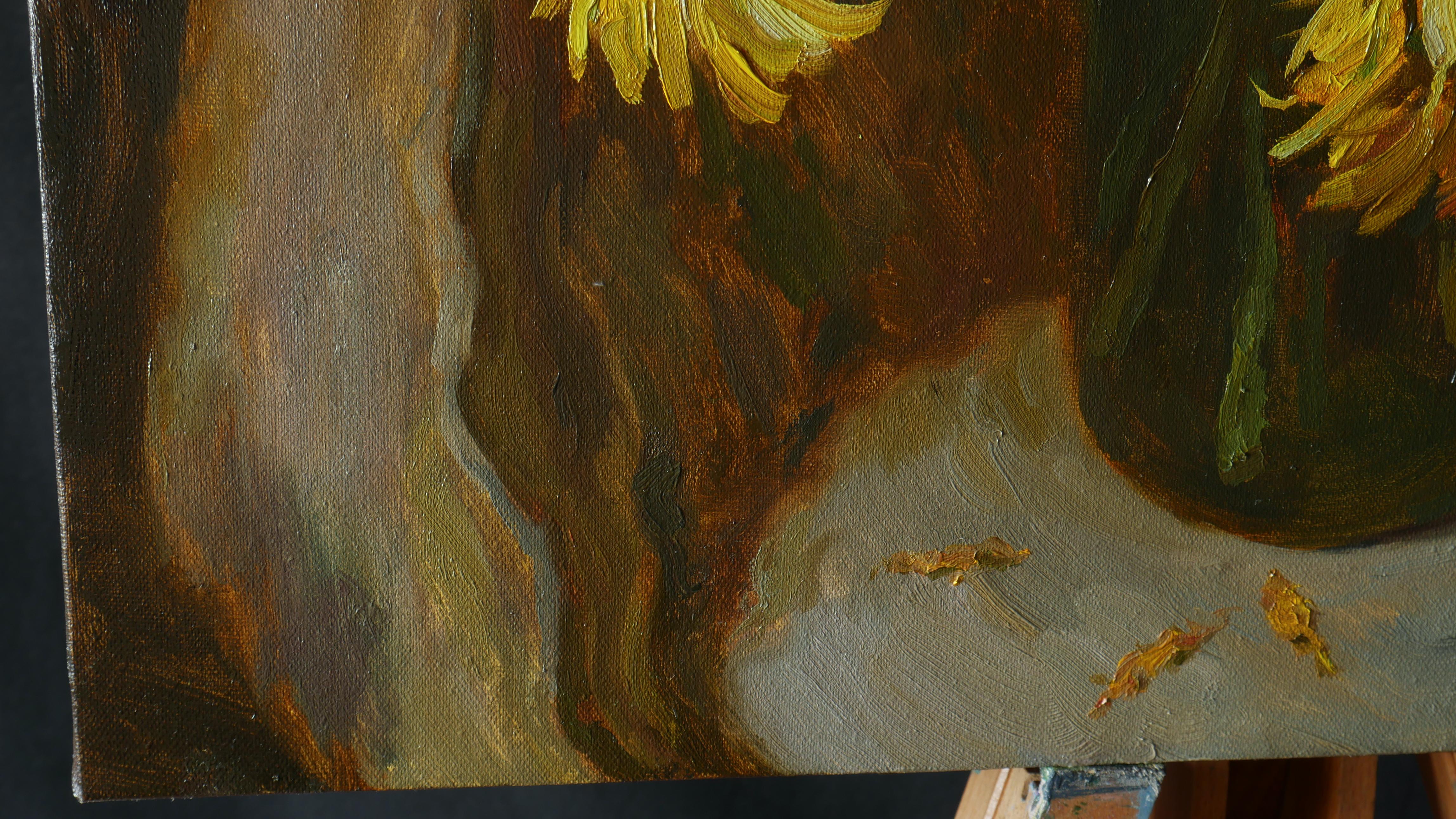 Sunflowers Near The Blue Curtain - sunflowers still life painting For Sale 5