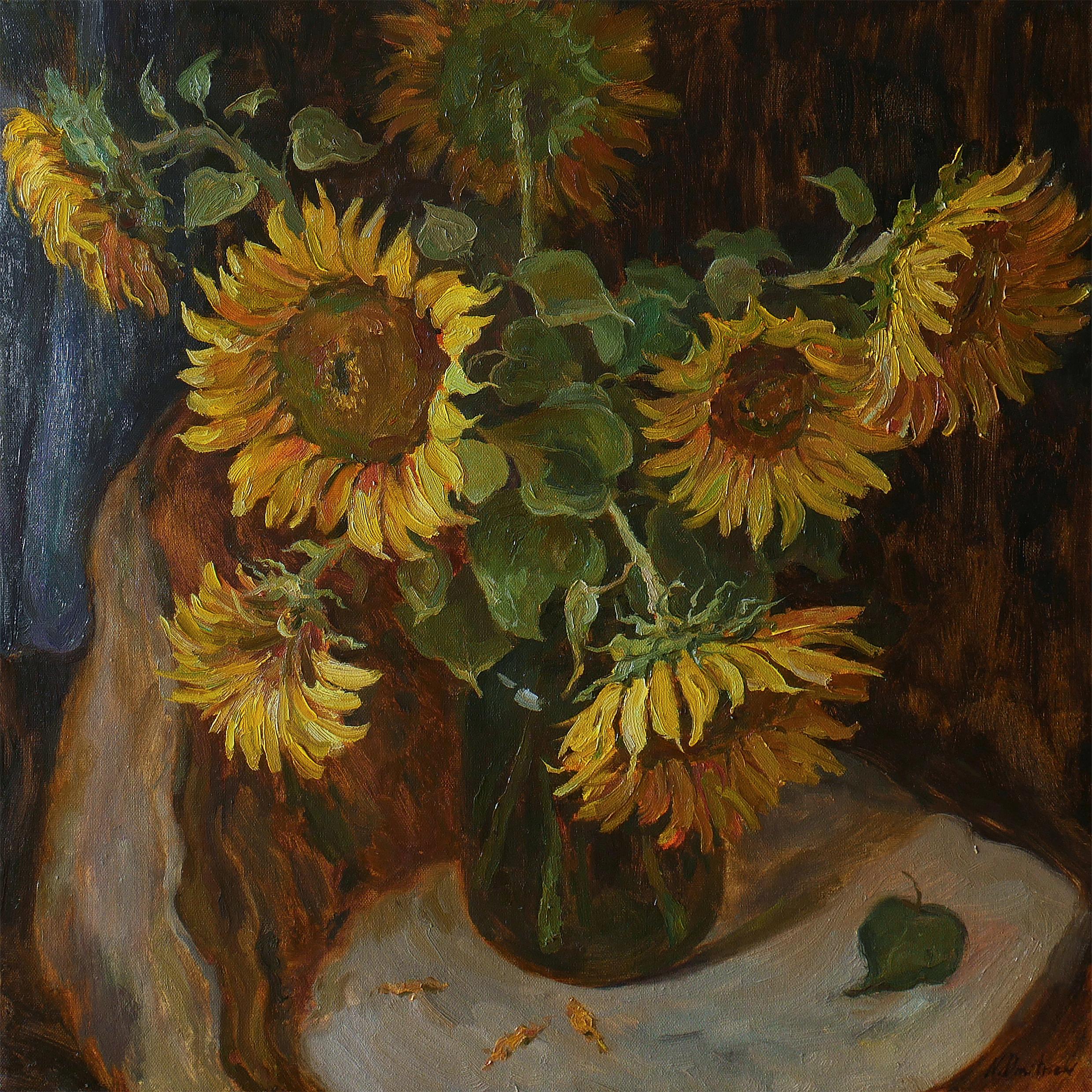 Nikolay Dmitriev Still-Life Painting - Sunflowers Near The Blue Curtain - sunflowers still life painting