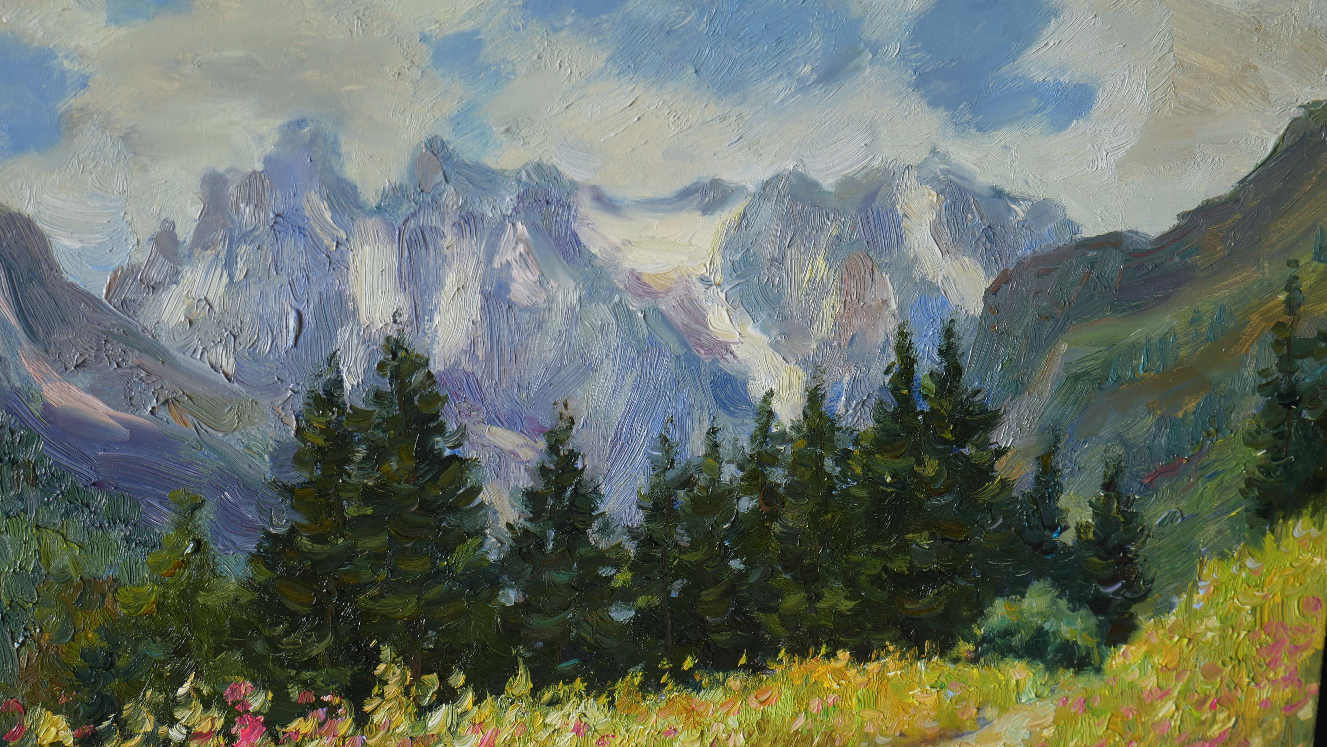 The sunny summer painting with mountains is a beautiful wall decor, the painting is created en plein air, the artwork is full of different bright colours, combinations of warm and cold shades are professionally captured by the artist. The lively