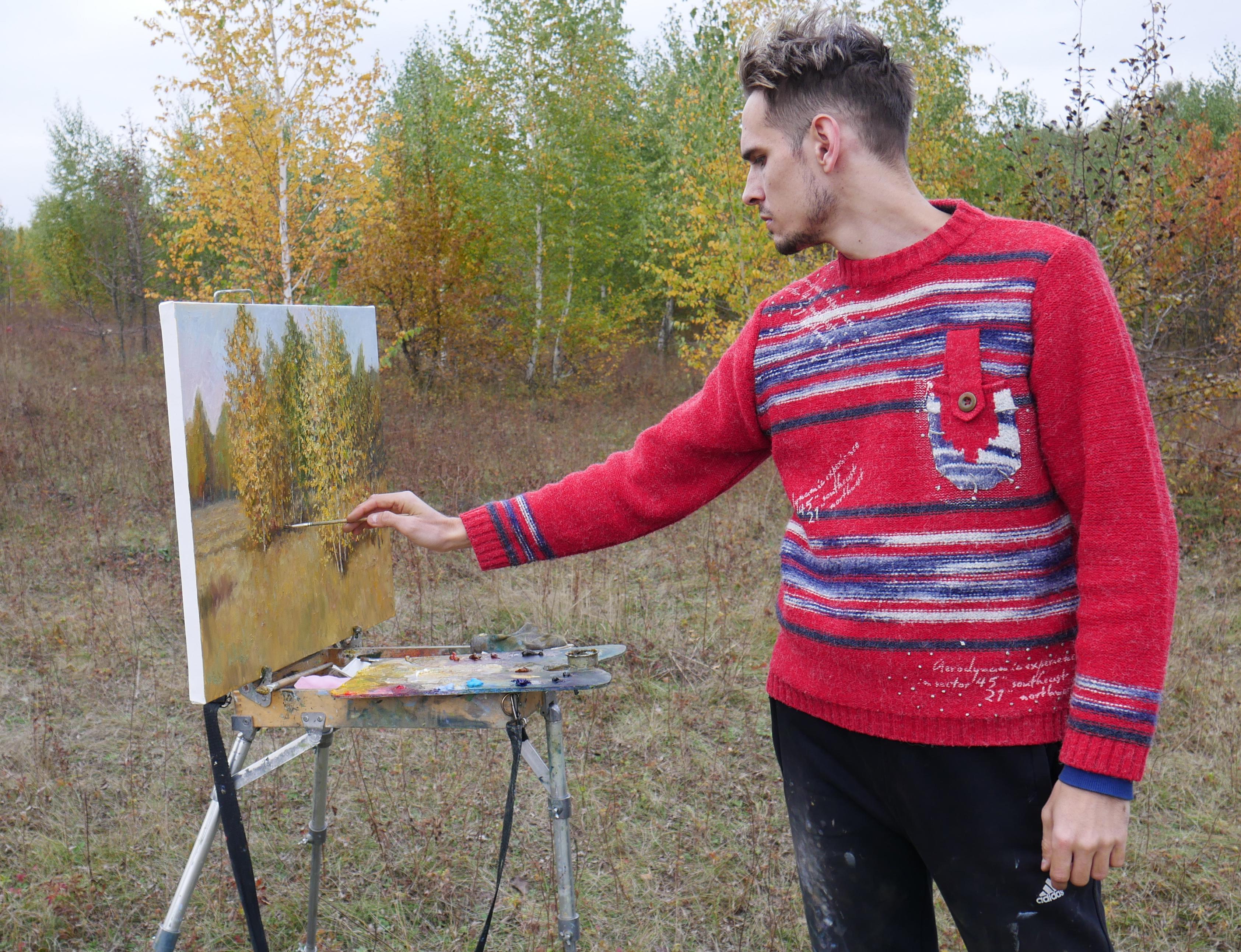 Sunny Golden Autumn - Original-Herbst-Landschaftsgemälde – Painting von Nikolay Dmitriev