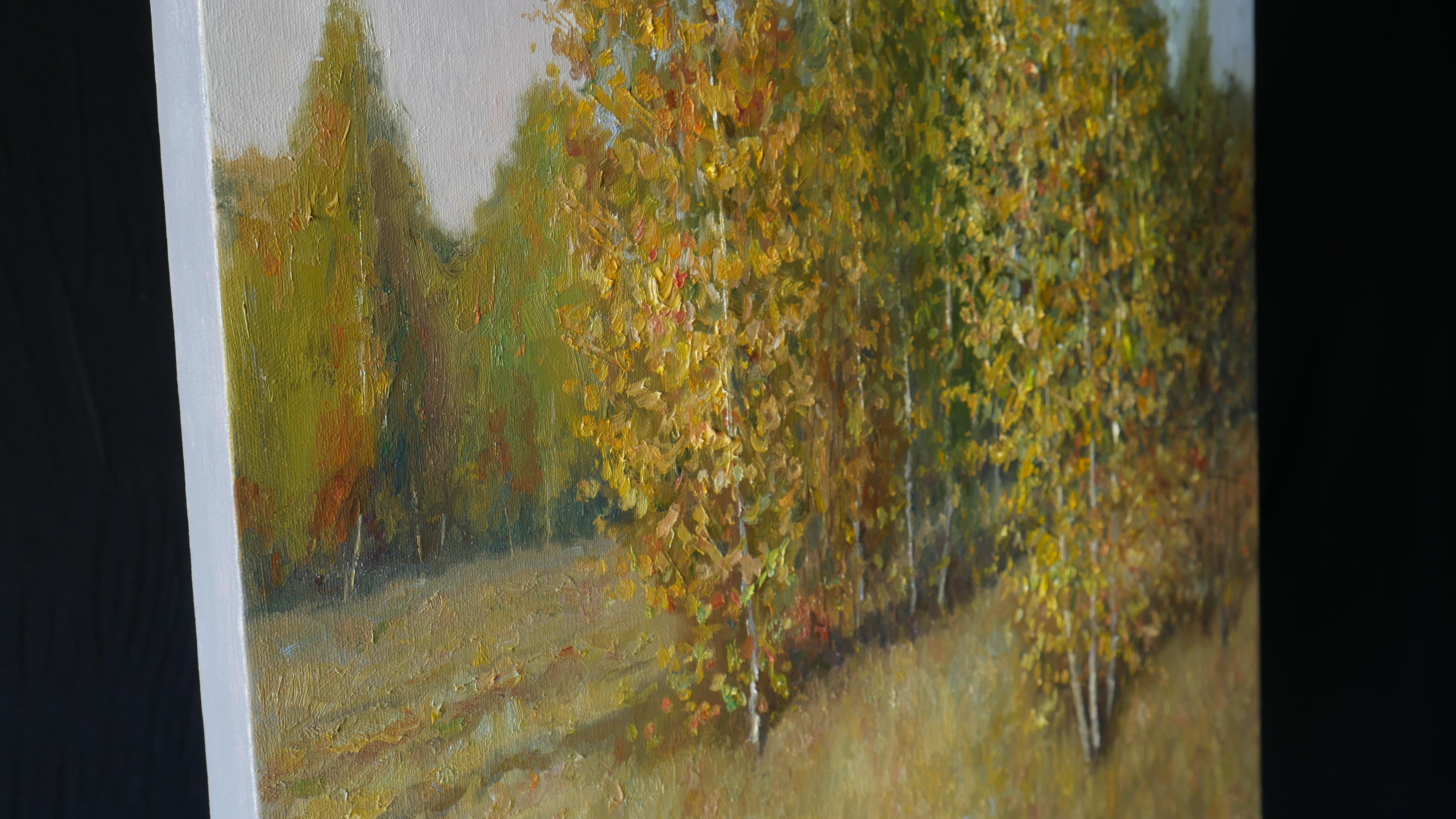 Sunny colours of the autumn plein-air painting will always give you only positive emotions and good mood, the artwork is full of yellow, red, orange colors, that's why golden autumn is the most beautiful and picturesque time of the year. Here you