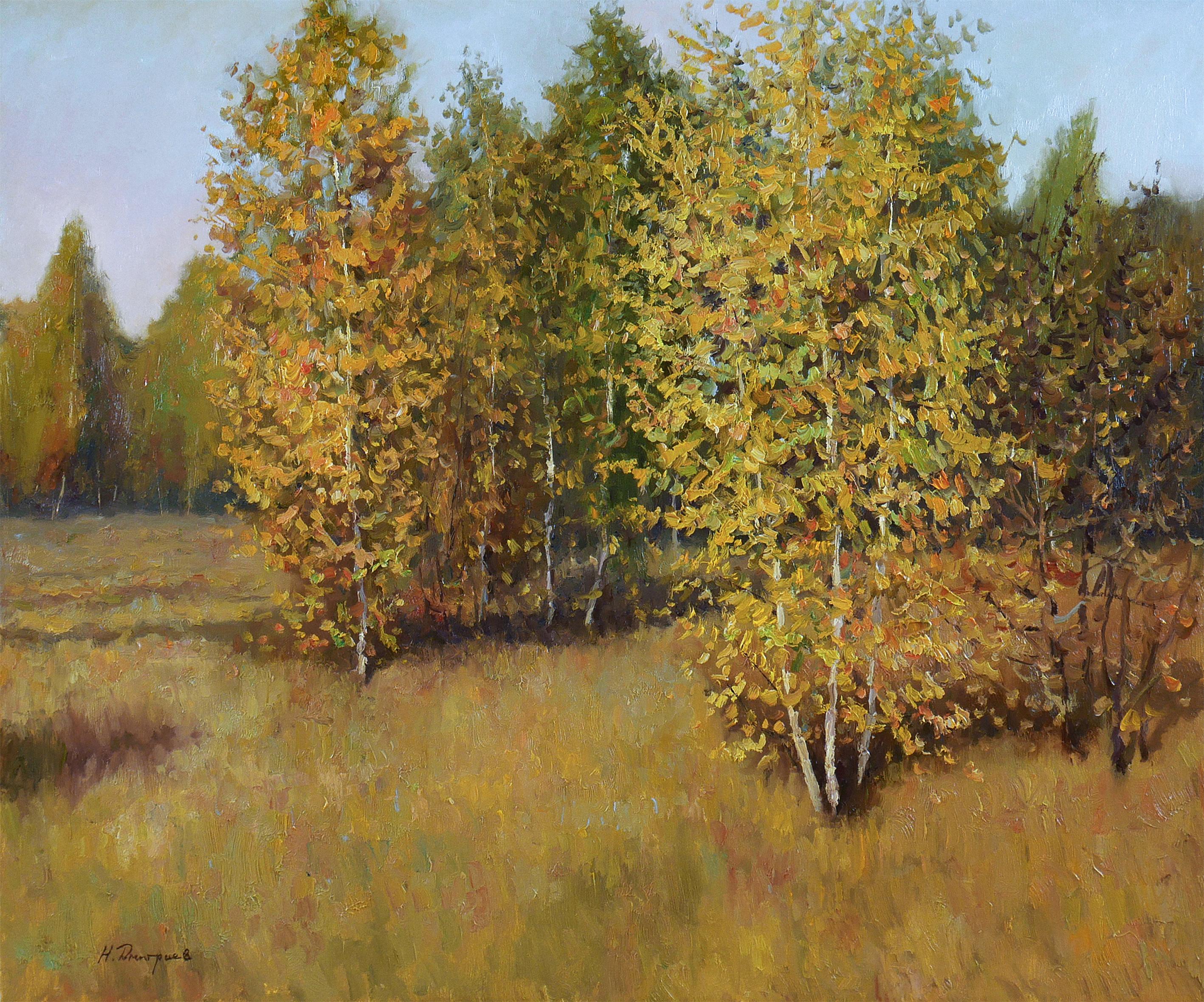 Nikolay Dmitriev Interior Painting – Sunny Golden Autumn - Original-Herbst-Landschaftsgemälde