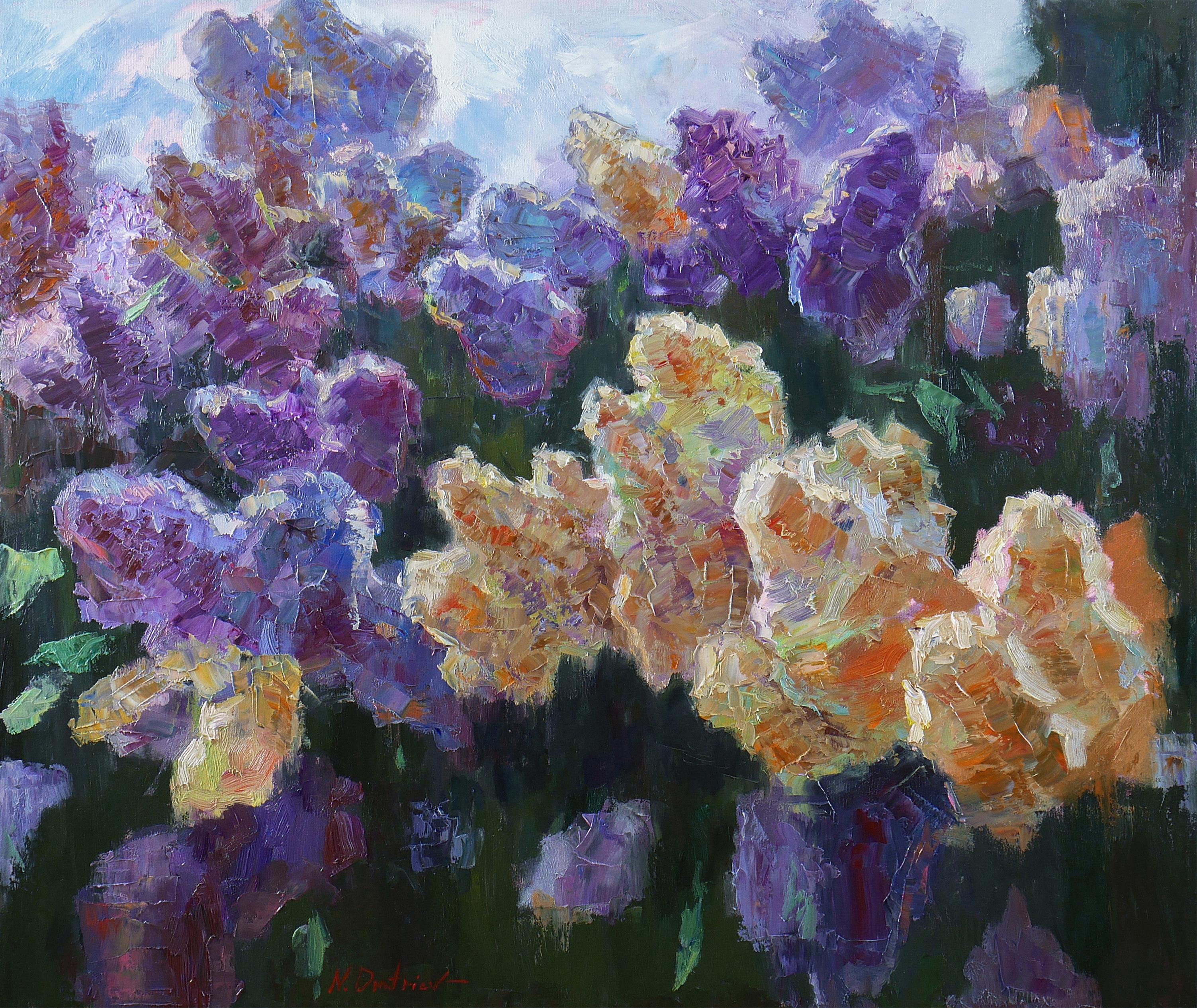 Nikolay Dmitriev Interior Painting - Sunny Lilac Branches - original lilacs painting