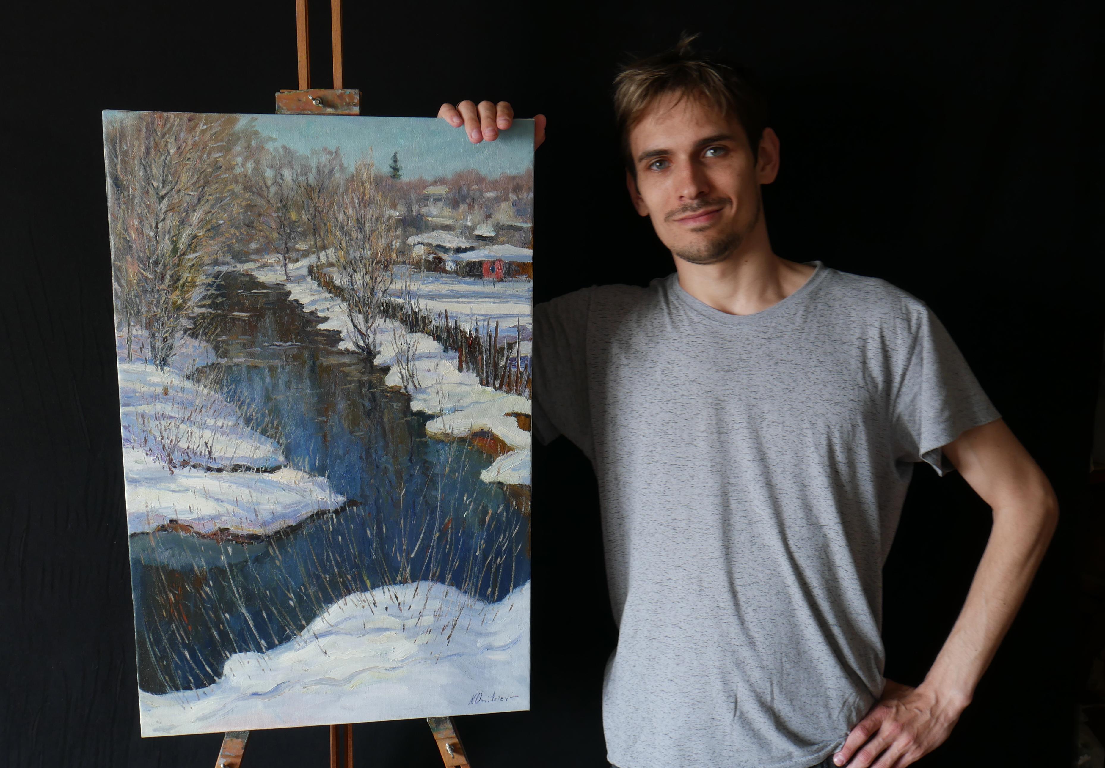 Journée de printemps ensoleillée au bord de la rivière - peinture de paysage enneigé - Painting de Nikolay Dmitriev