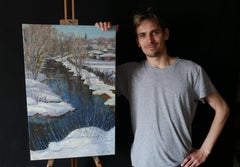 Journée de printemps ensoleillée au bord de la rivière - peinture de paysage enneigé