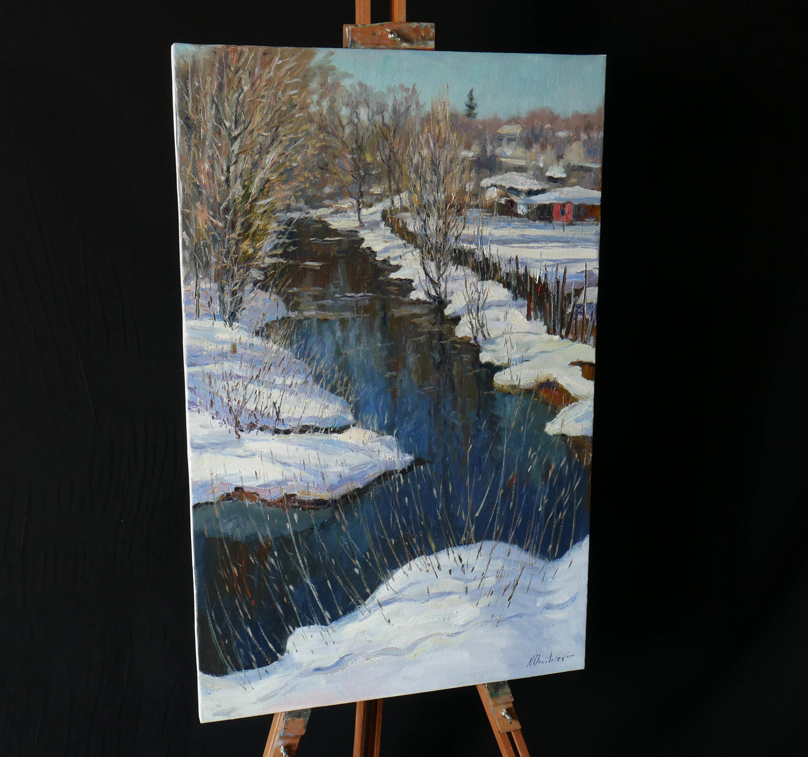 Journée de printemps ensoleillée au bord de la rivière - peinture de paysage enneigé - Impressionnisme Painting par Nikolay Dmitriev