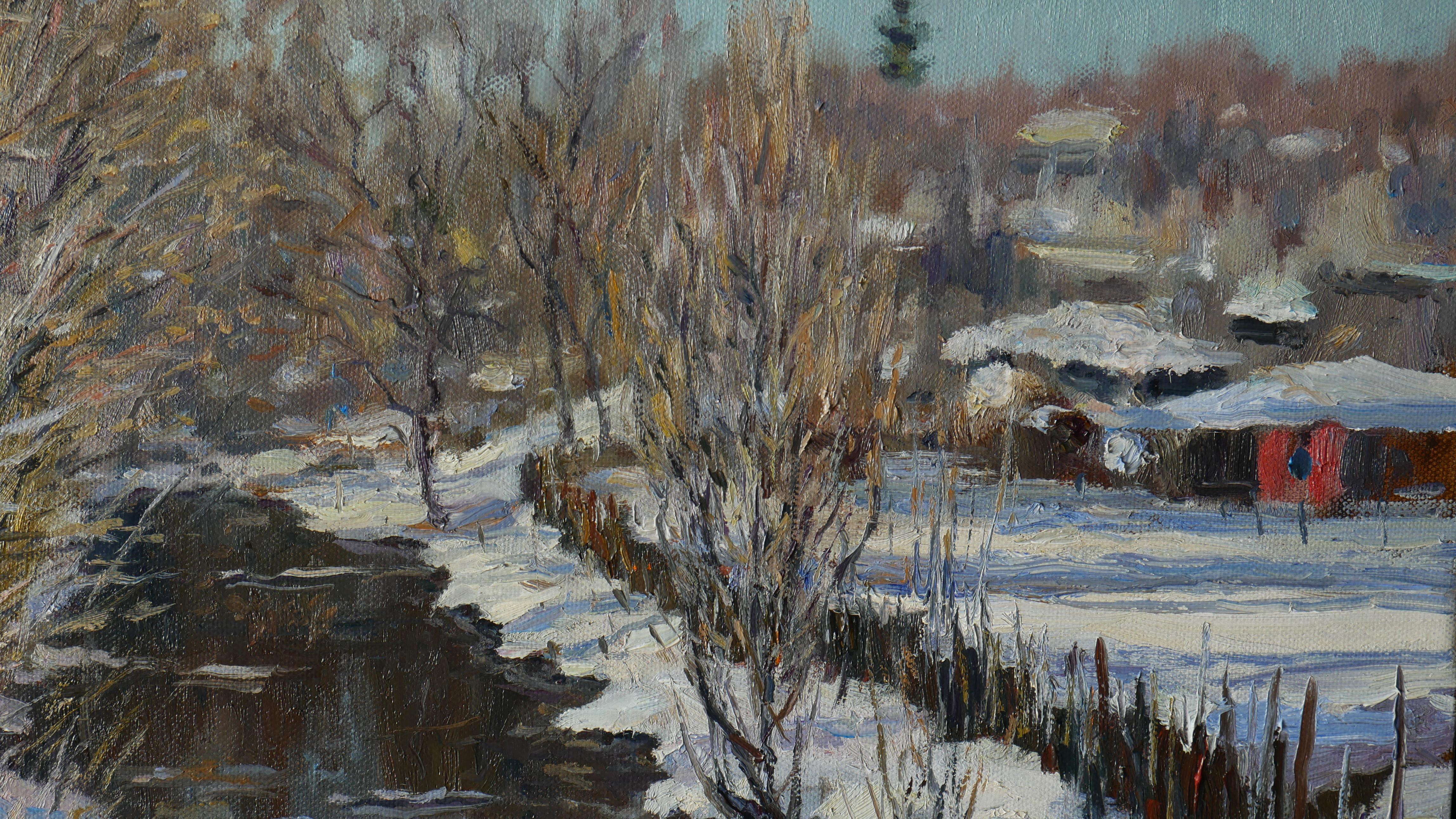 Sunny Spring Day At The River - snowy landscape painting For Sale 1
