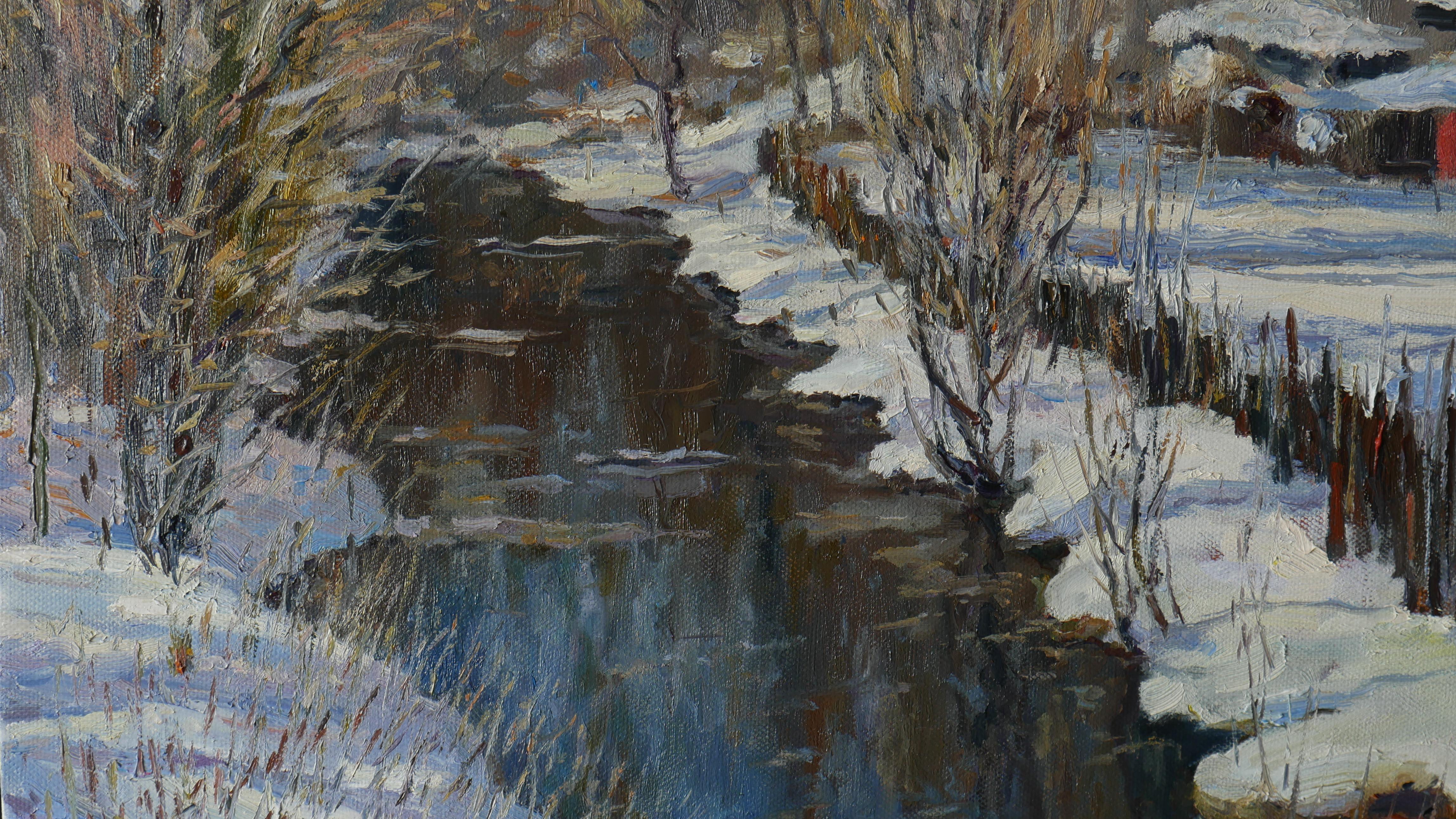 Journée de printemps ensoleillée au bord de la rivière - peinture de paysage enneigé en vente 2