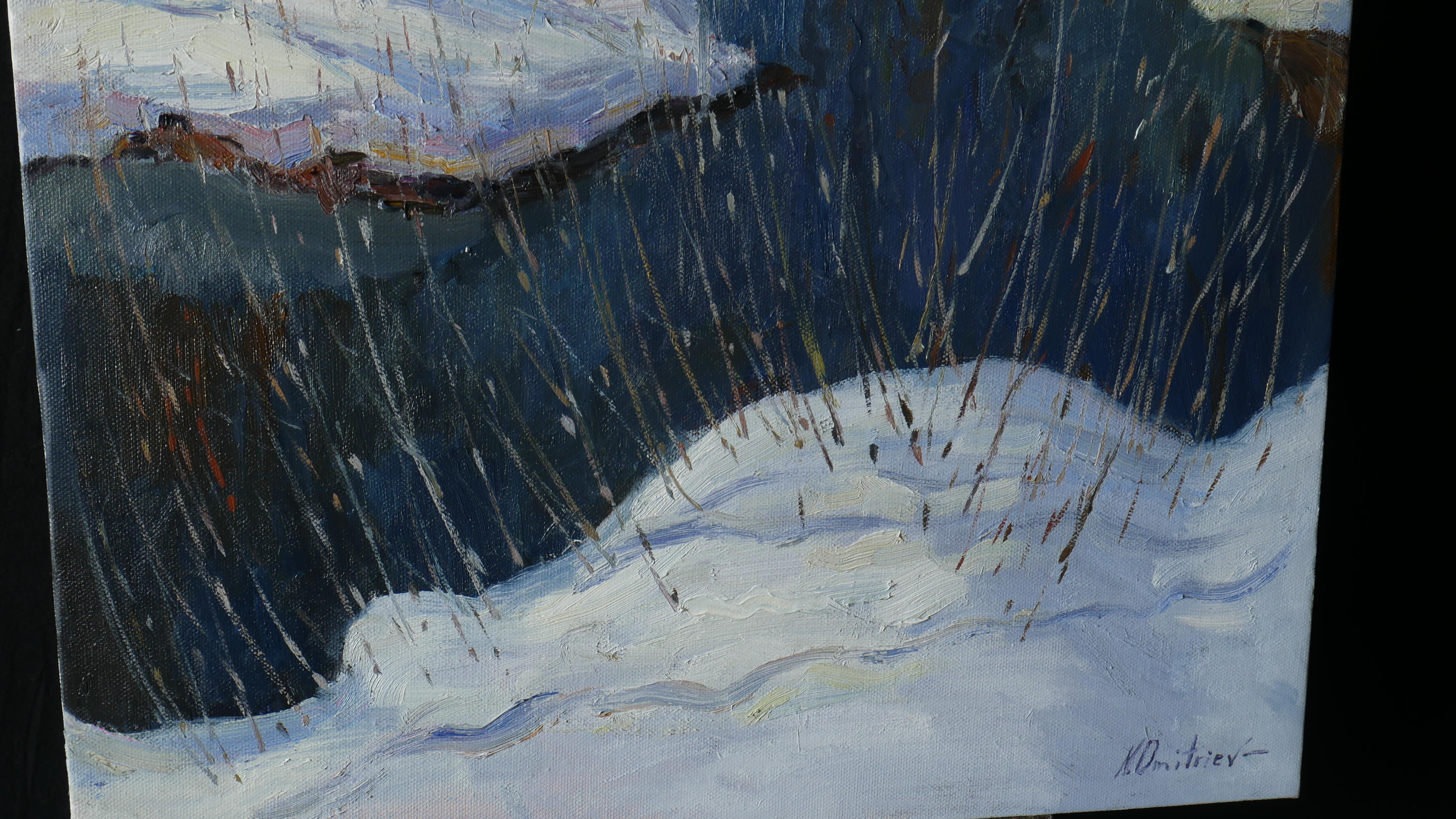 Día soleado de primavera en el río - pintura de paisaje nevado en venta 3