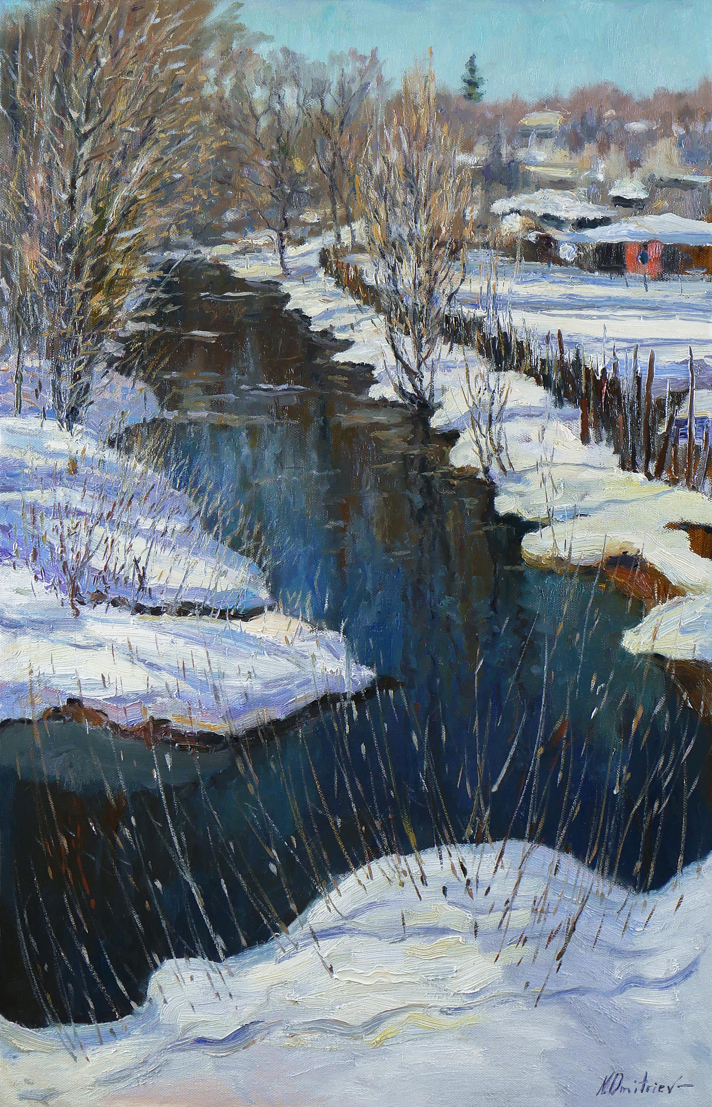 Interior Painting Nikolay Dmitriev - Journée de printemps ensoleillée au bord de la rivière - peinture de paysage enneigé