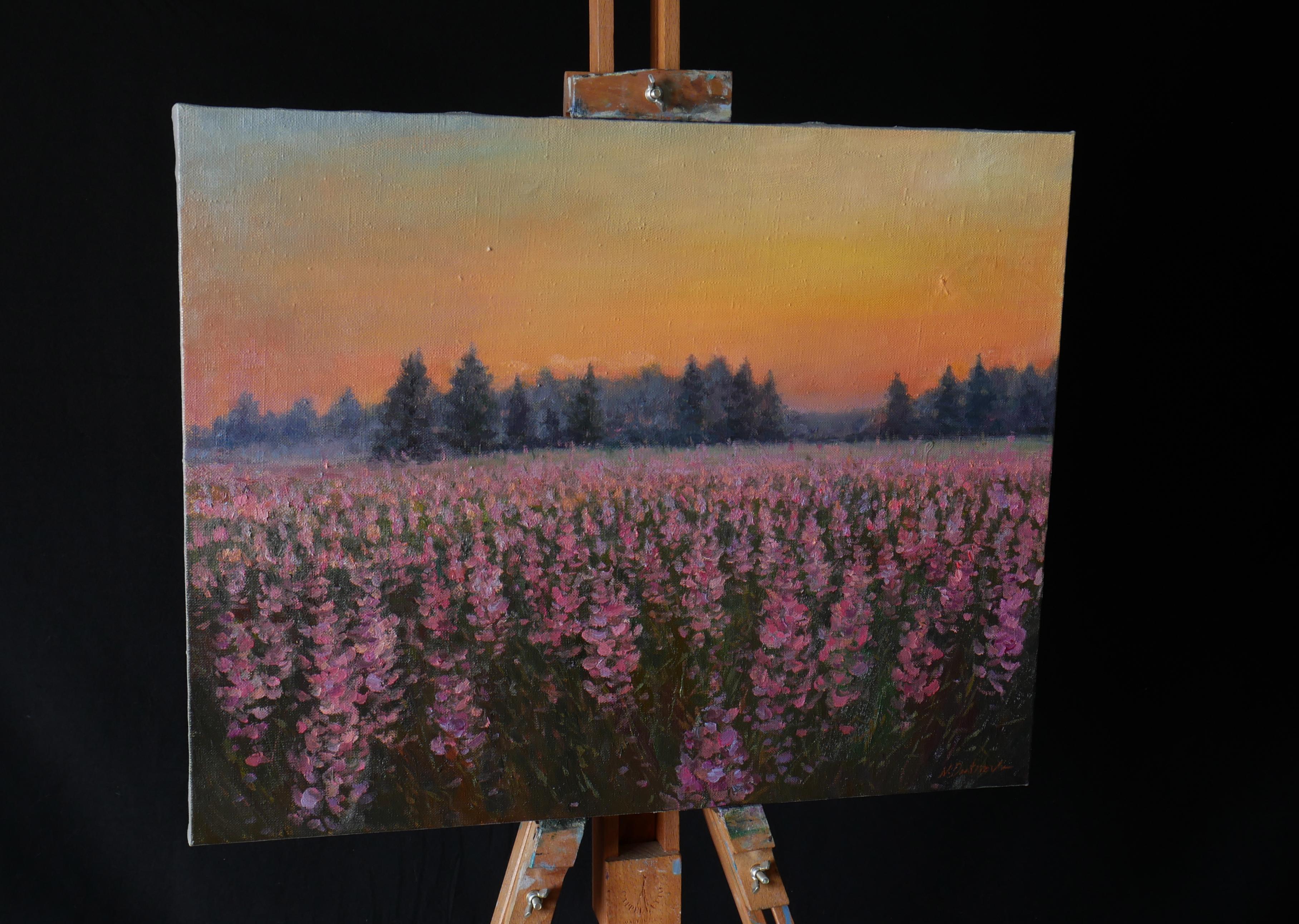 Sunset Above The Fireweed Field - original summer landscape painting - Impressionist Painting by Nikolay Dmitriev