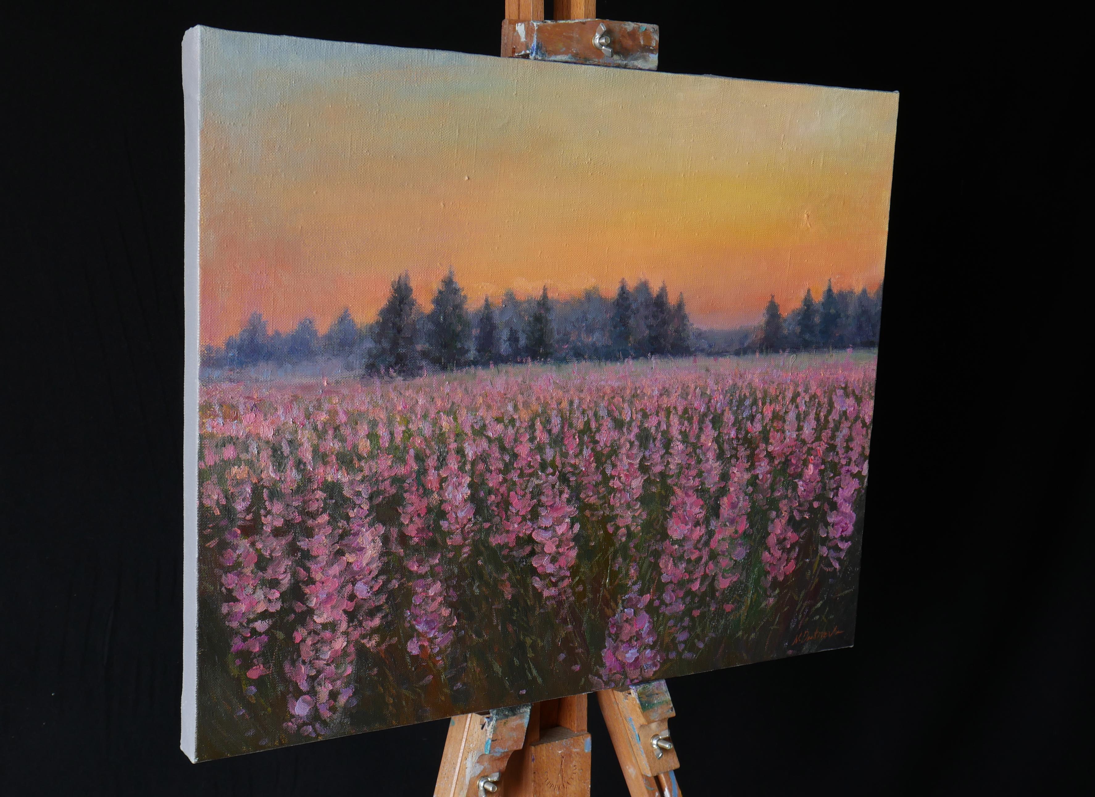 Sunset Above The Fireweed Field - original summer landscape painting - Painting by Nikolay Dmitriev