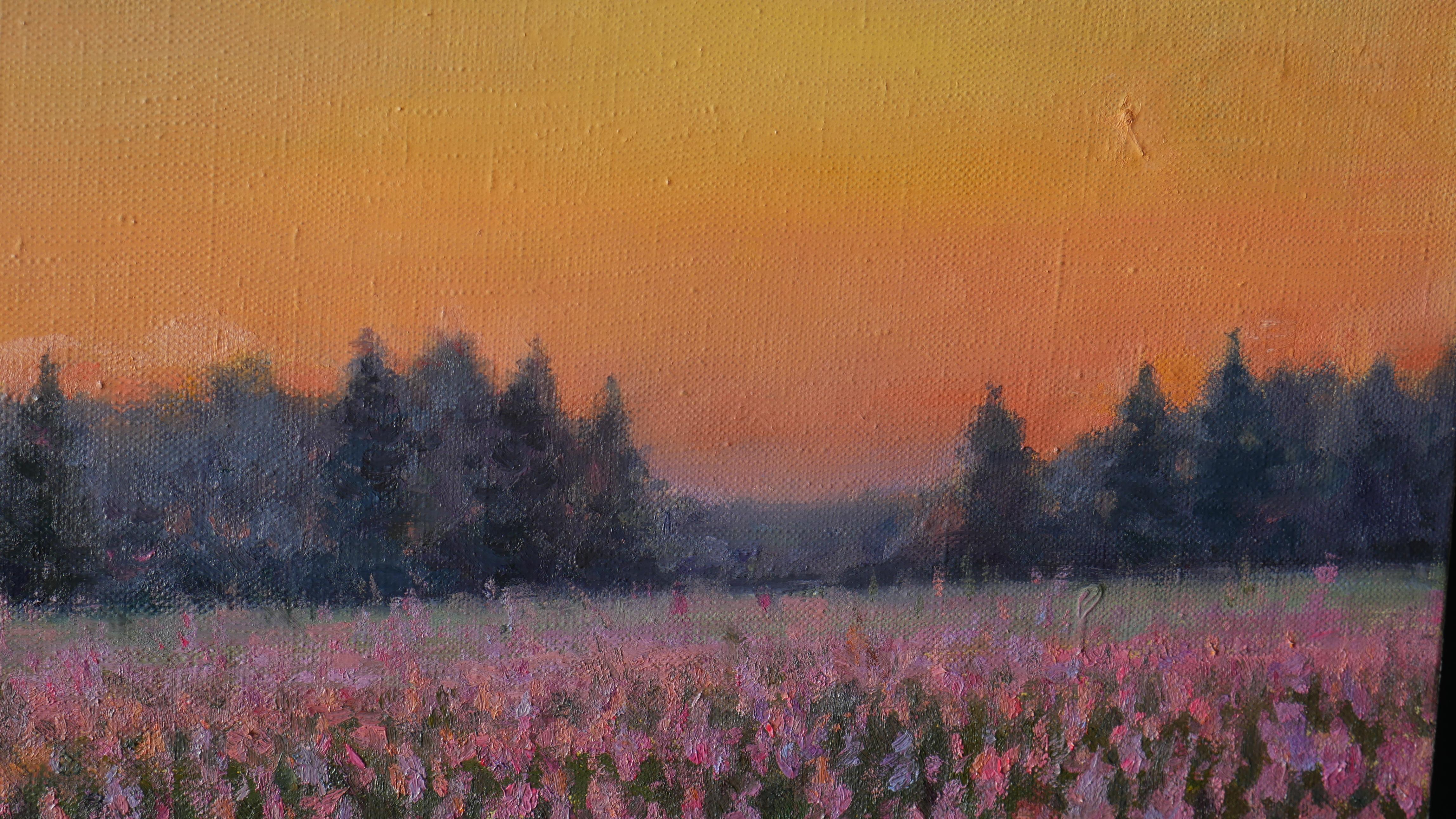 Sunset Above The Fireweed Field - original summer landscape painting For Sale 1