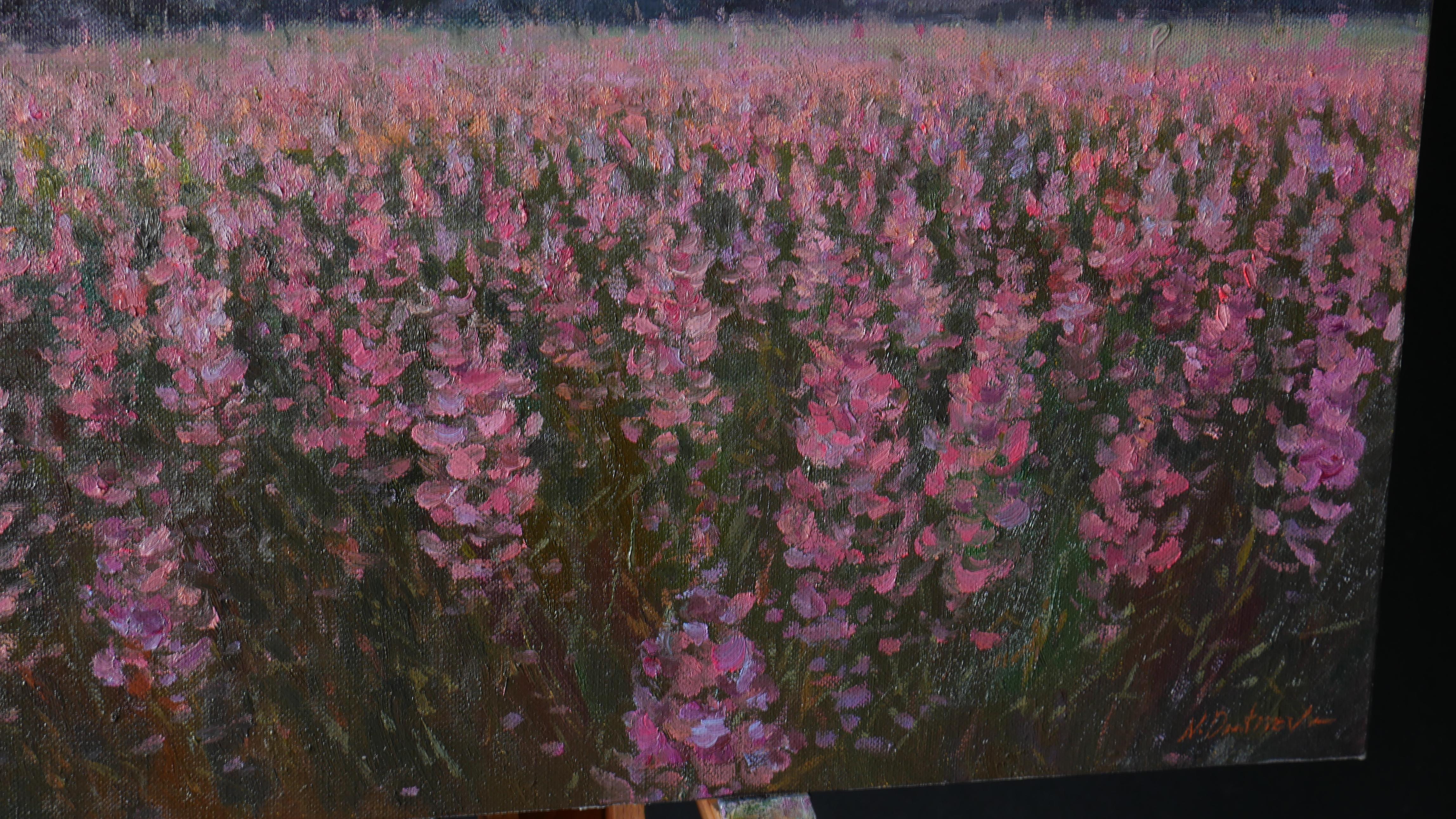 Sunset Above The Fireweed Field - original summer landscape painting For Sale 3