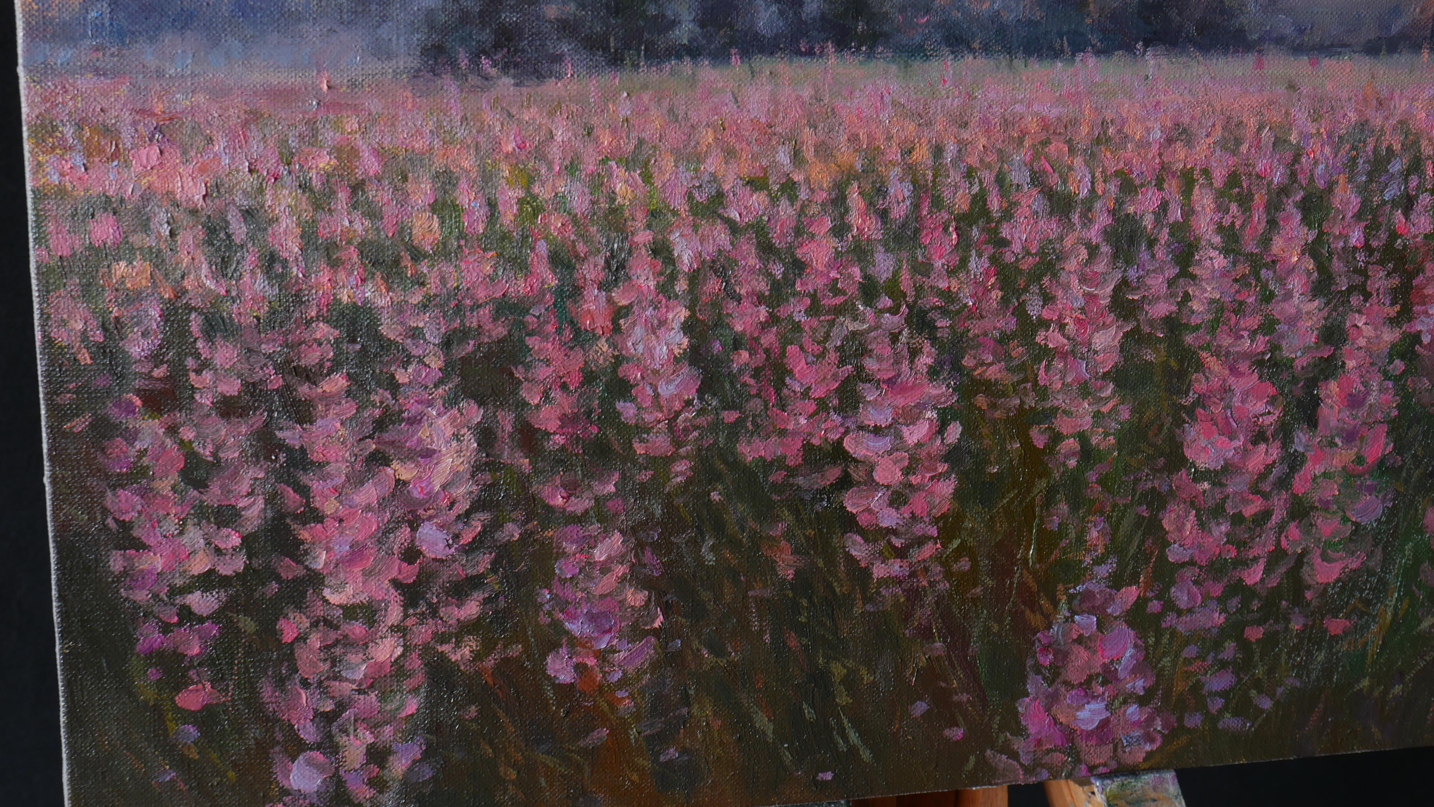 Sunset Above The Fireweed Field - original summer landscape painting For Sale 4