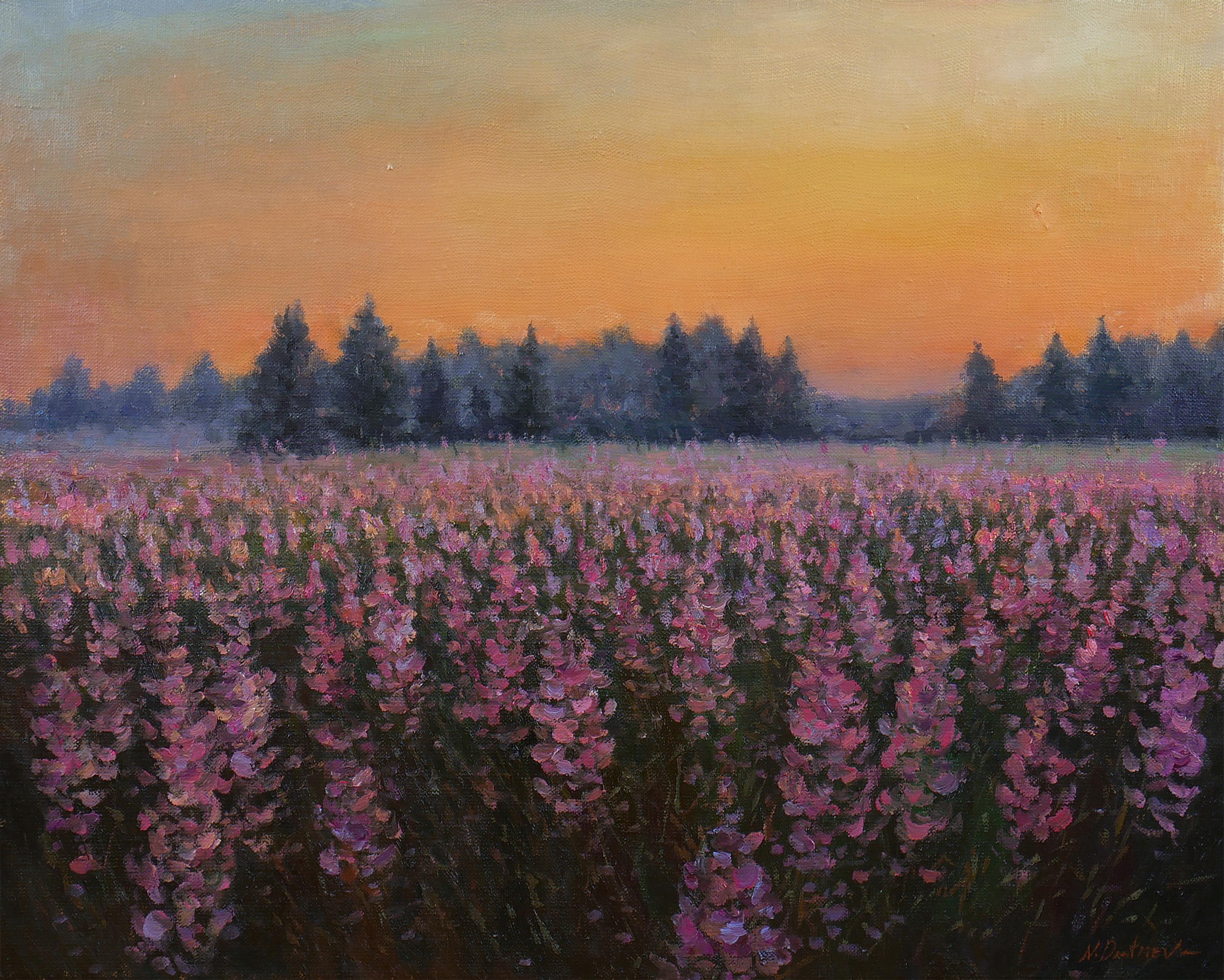 Nikolay Dmitriev Landscape Painting – Sonnenuntergang über dem Feuerweed-Fenster – originales Sommerlandschaftsgemälde