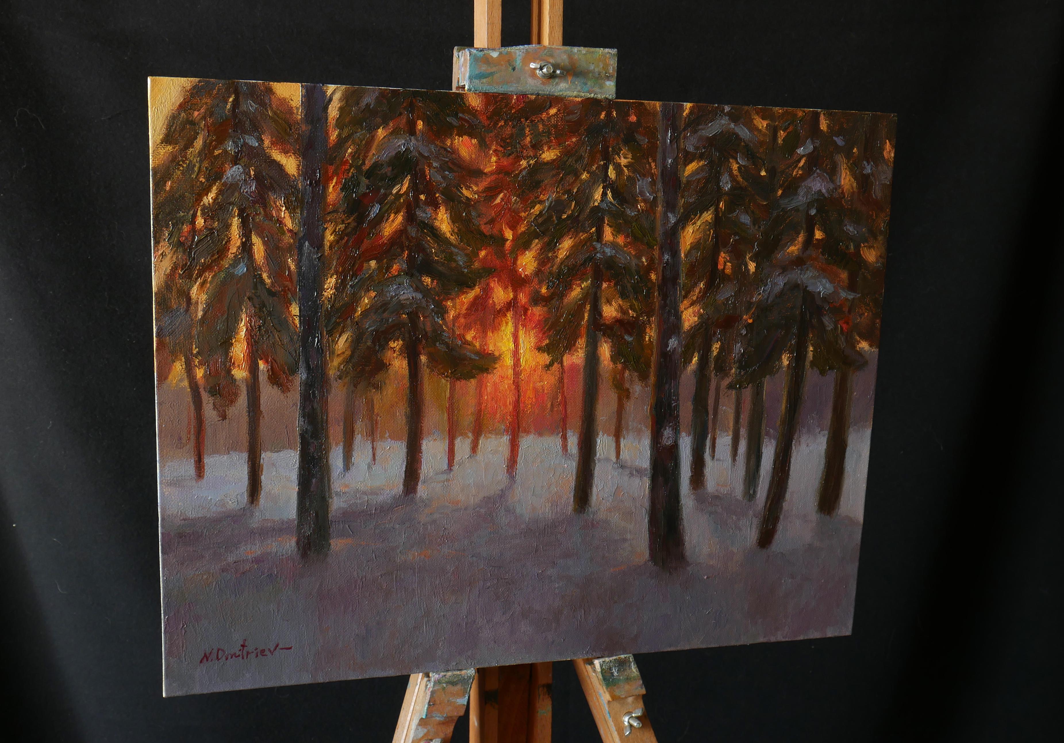 Sunset In The Pine Forest - peinture d'hiver ensoleillée de Nikolay Dmitriev en vente 1