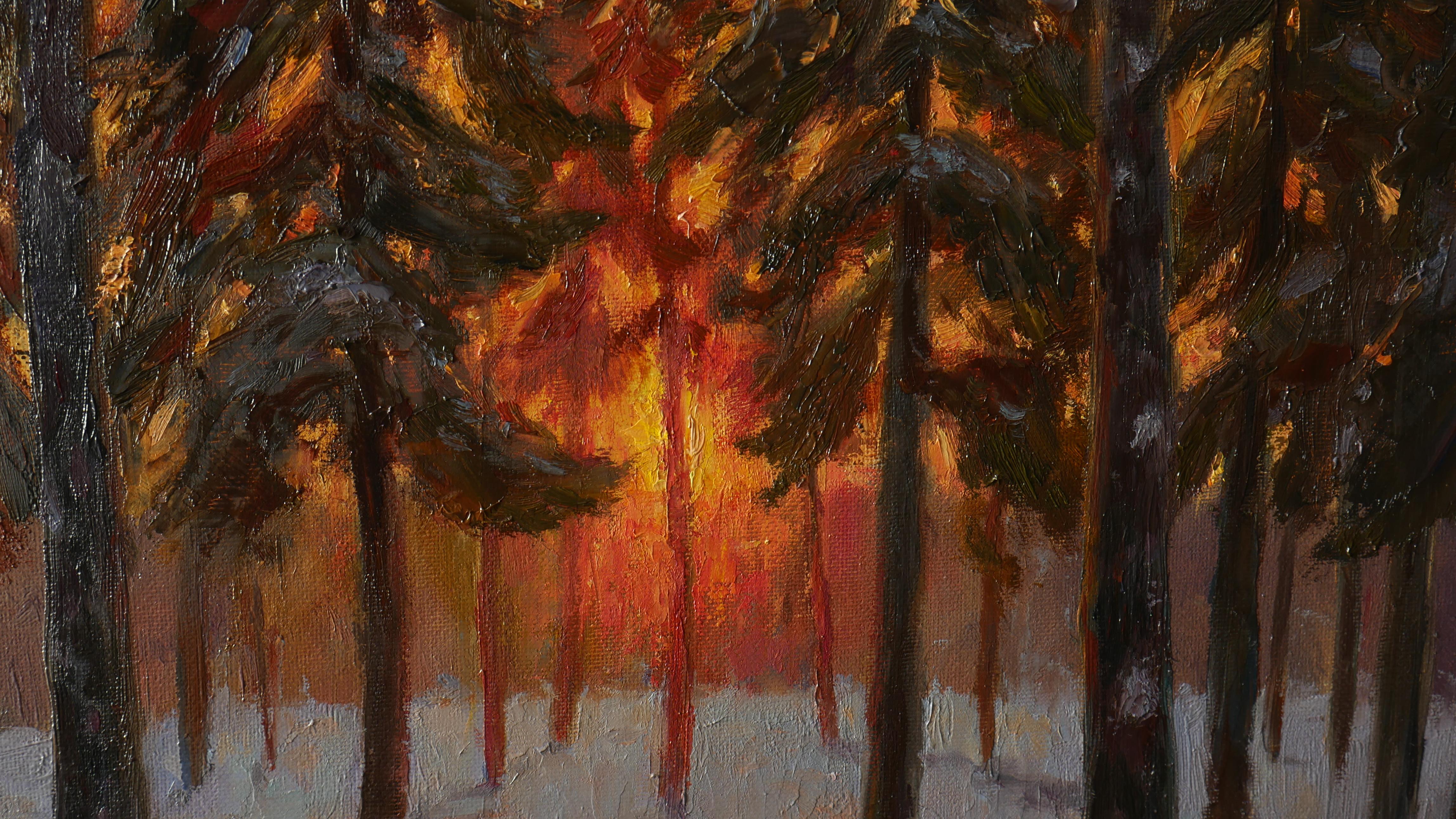 Sunset In The Pine Forest - peinture d'hiver ensoleillée de Nikolay Dmitriev en vente 2