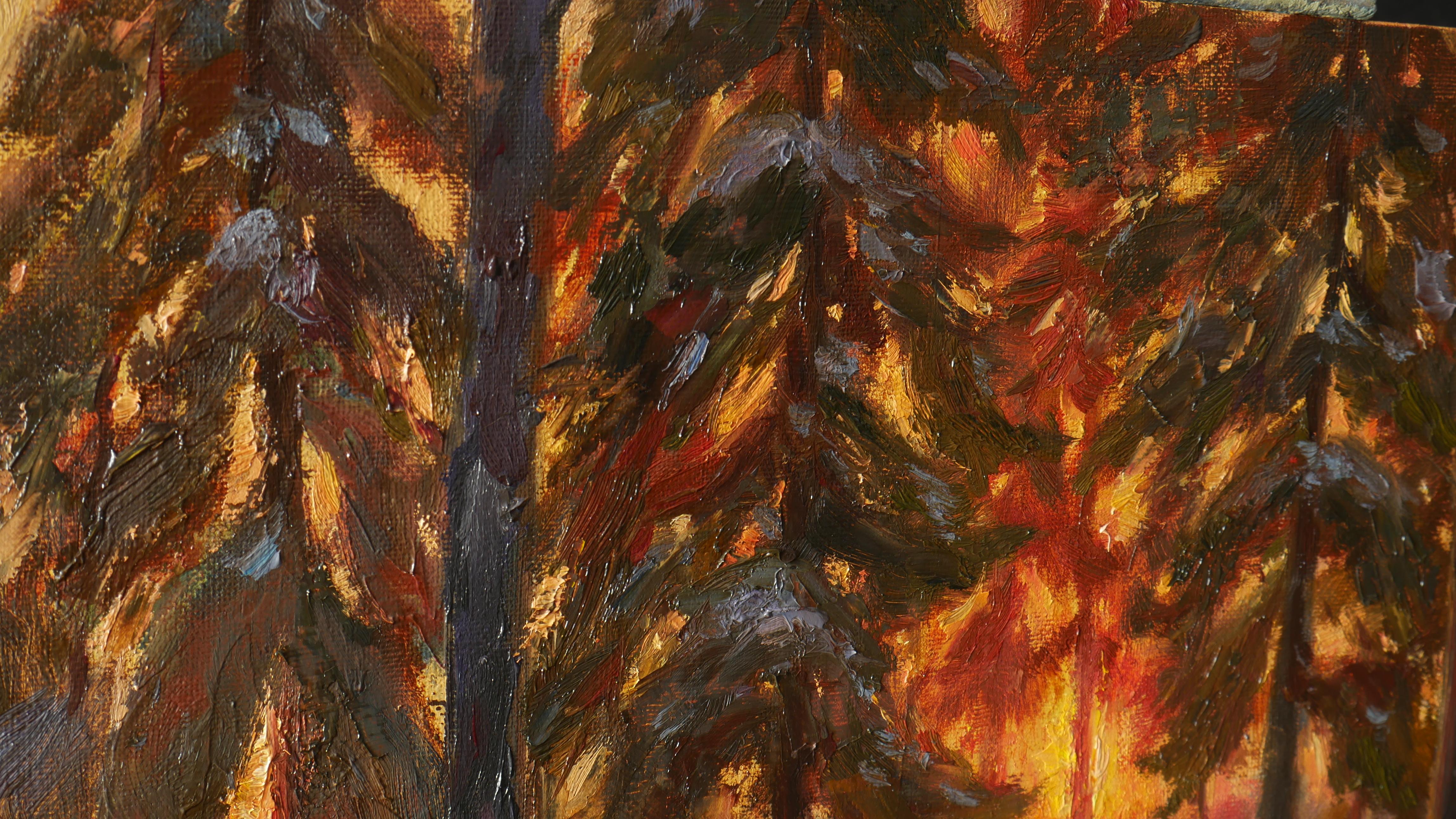Sunset In The Pine Forest - peinture d'hiver ensoleillée de Nikolay Dmitriev en vente 3