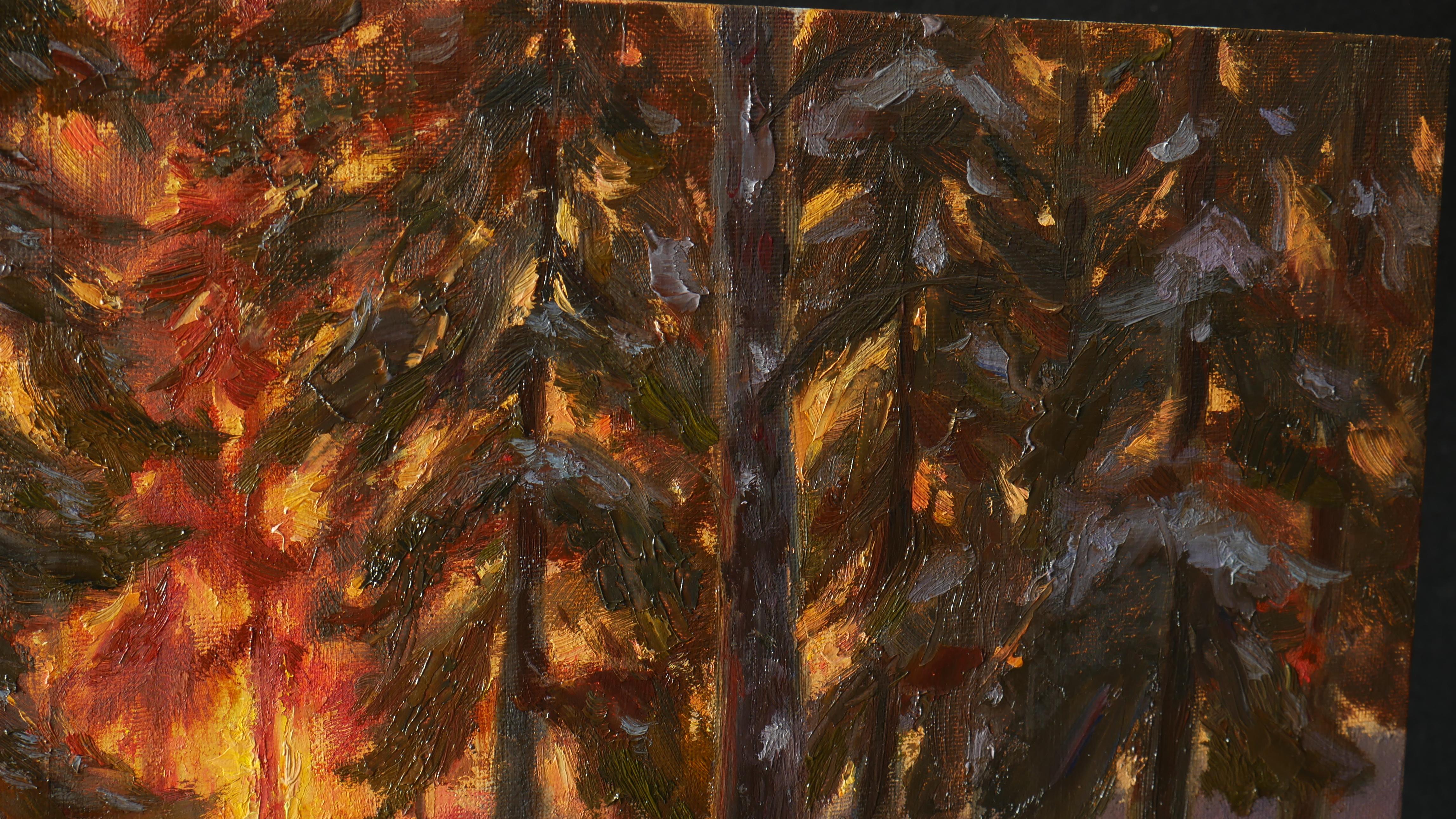Sunset In The Pine Forest - peinture d'hiver ensoleillée de Nikolay Dmitriev en vente 4