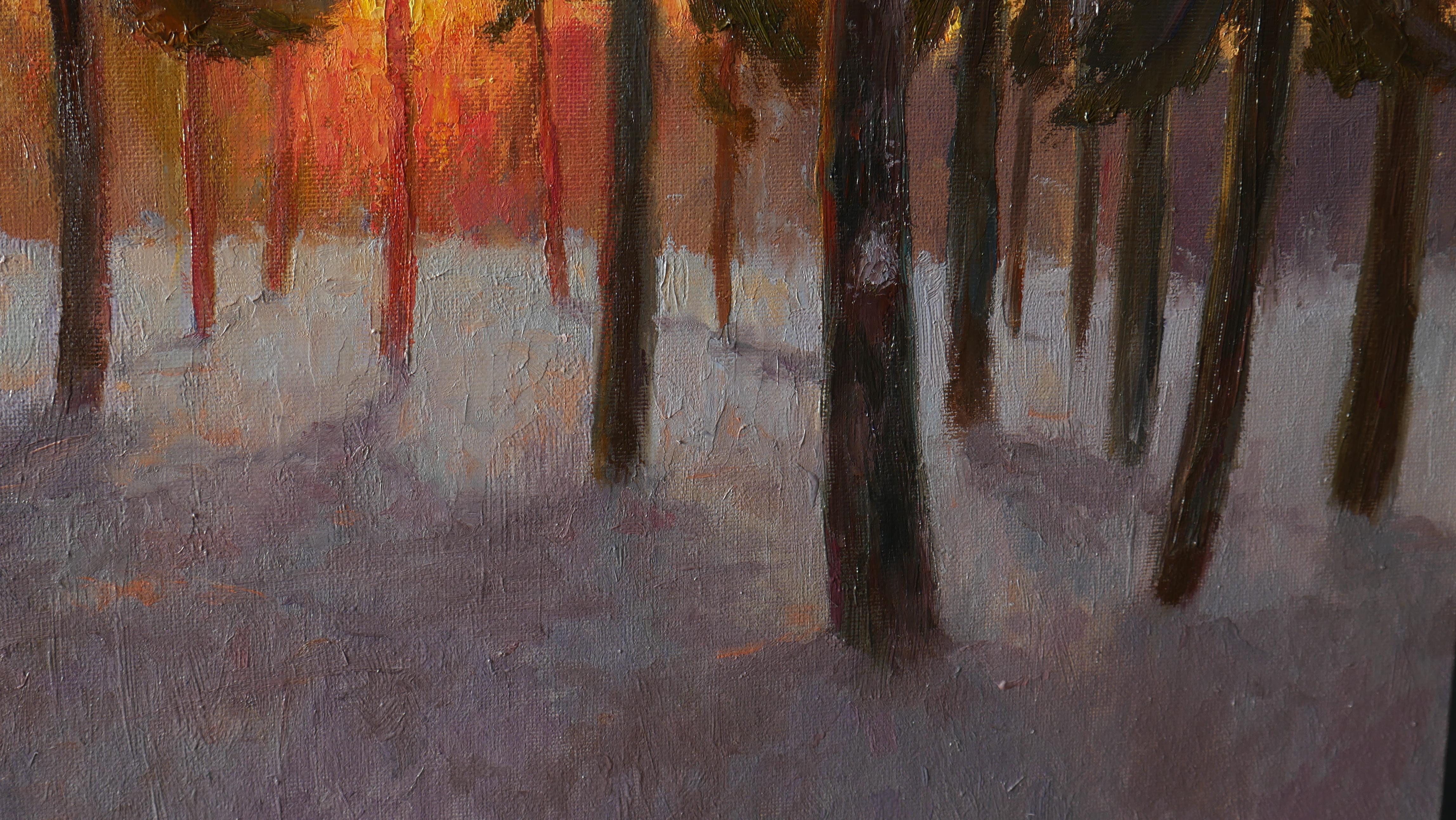 Sunset In The Pine Forest - peinture d'hiver ensoleillée de Nikolay Dmitriev en vente 5