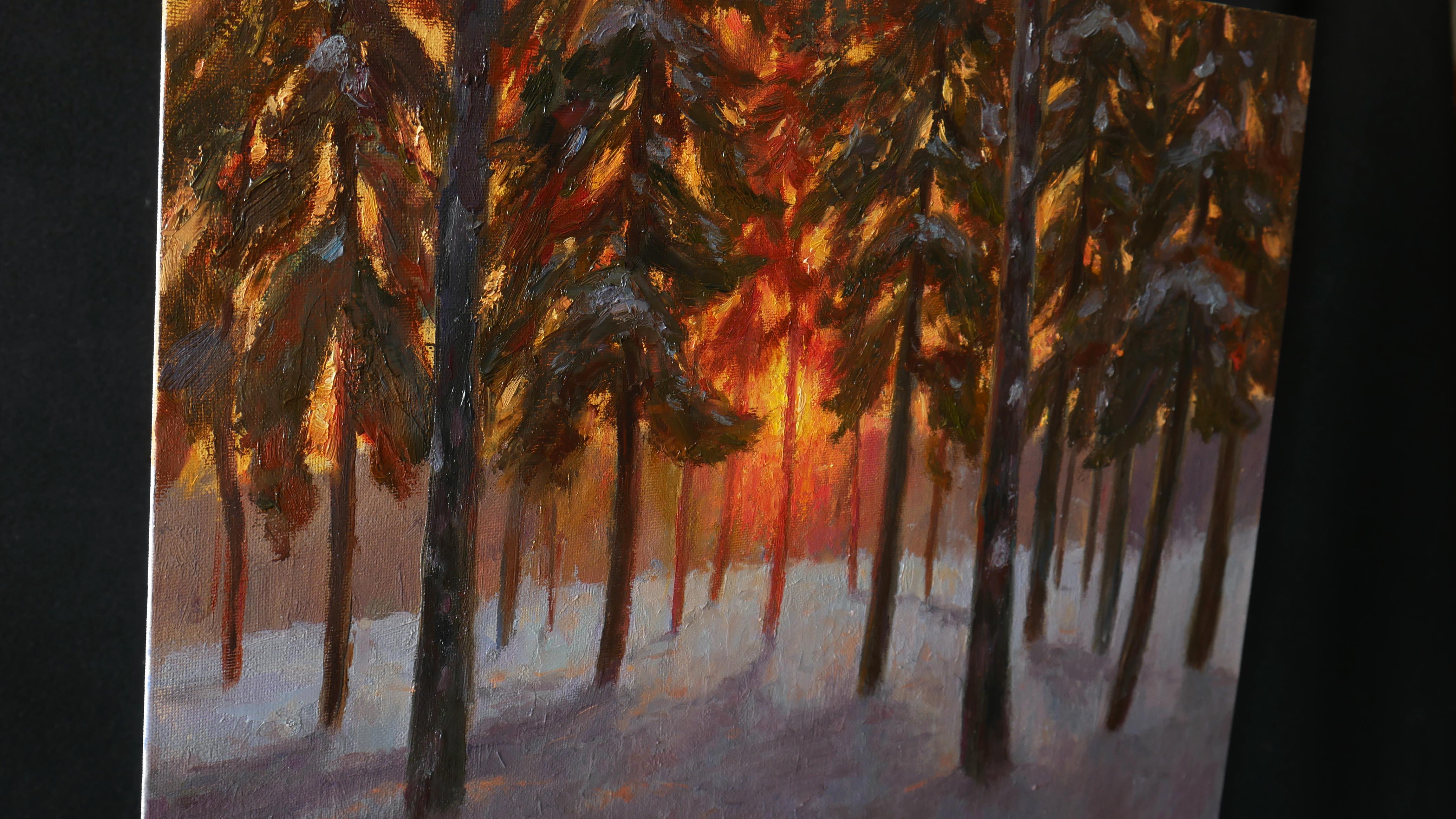 Sunset In The Pine Forest - peinture d'hiver ensoleillée de Nikolay Dmitriev en vente 7