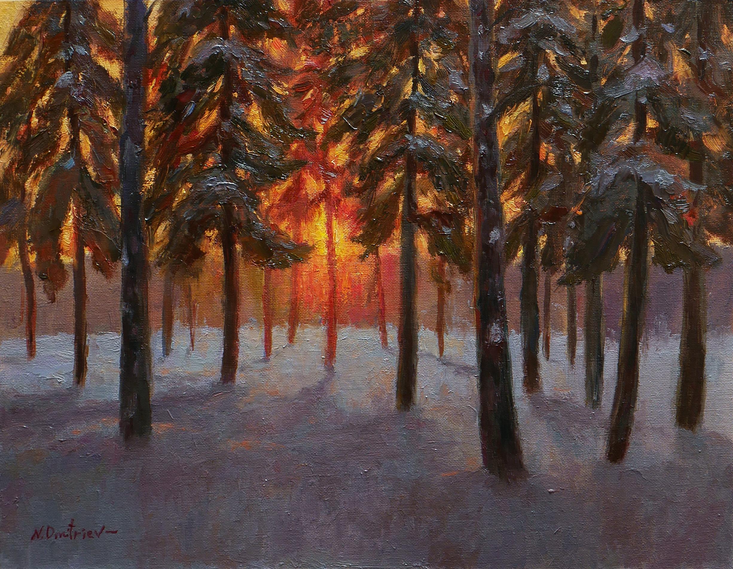 "The winter impressionist painting with the forest and the setting Sun is a beautiful wall decor piece. The bright painting is full of different colors, and the artist professionally captures combinations of warm and cold shades. This lively