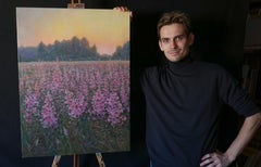 Puesta de sol sobre el campo de fireweed - pintura de paisaje de puesta de sol